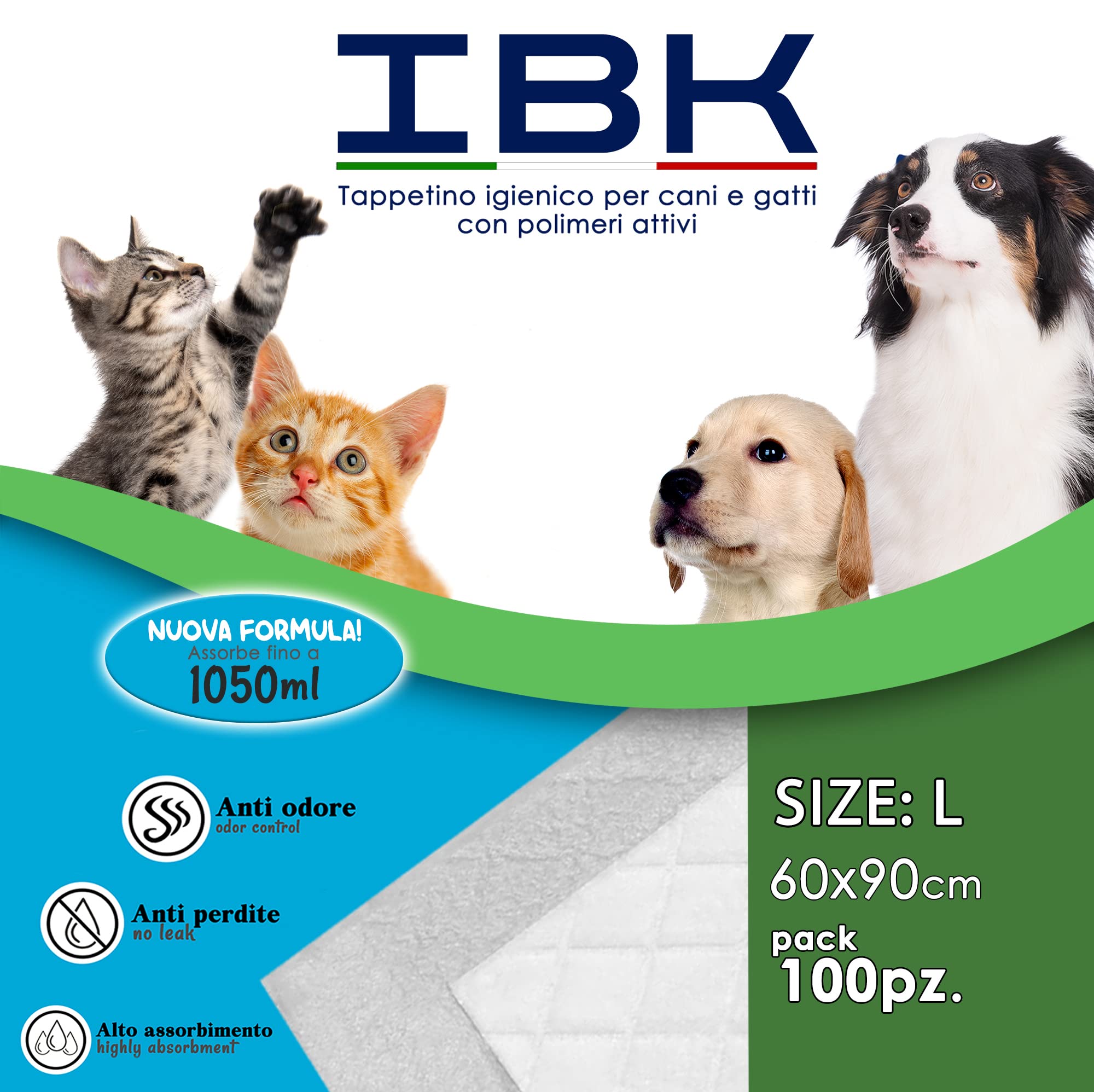 Tappetini igienici assorbenti per Animali Domestici, Traverse Super Assorbente con bordi adesivi Cuccioli Cani Gatti Misura 60x90 e 60x60 (60x90, 100)