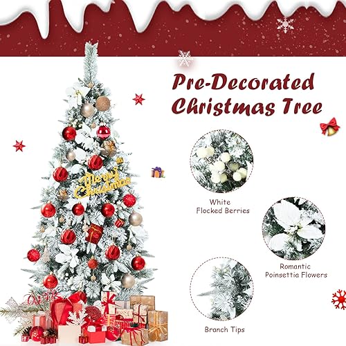 Miniatura 2 de POWERSTONE Árbol de Navidad blanco nieve con bayas y flores de Pascua de 6 pies, árbol de Navidad artificial flocado con 617 puntas de ramas para