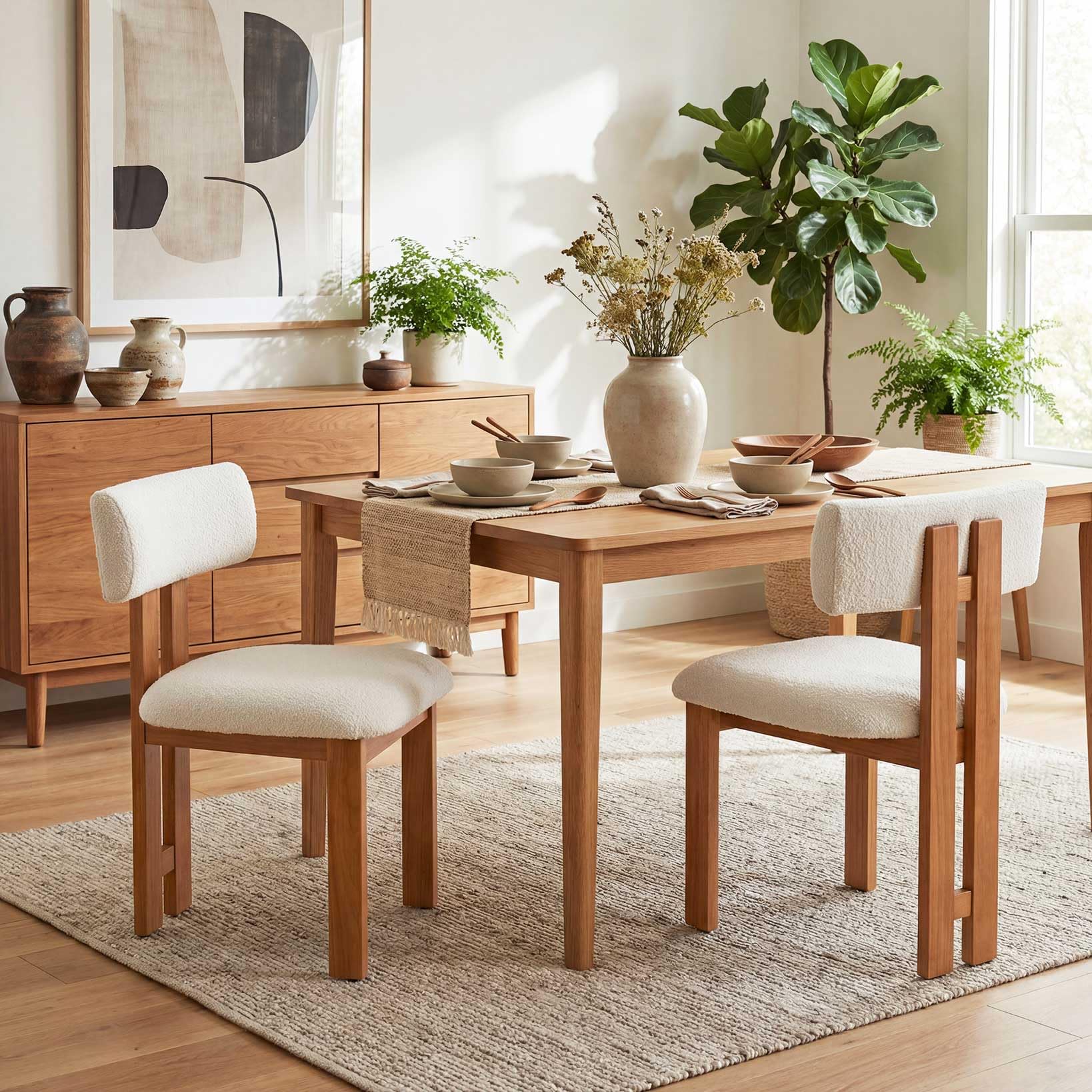 younturn Retro Mid Century Dining Chairs Set of 2, Boucle Upholstered Seats with Backrest and Solid Wooden Legs, Kitchen Chairs for Dining Room, Living Room, Cream
