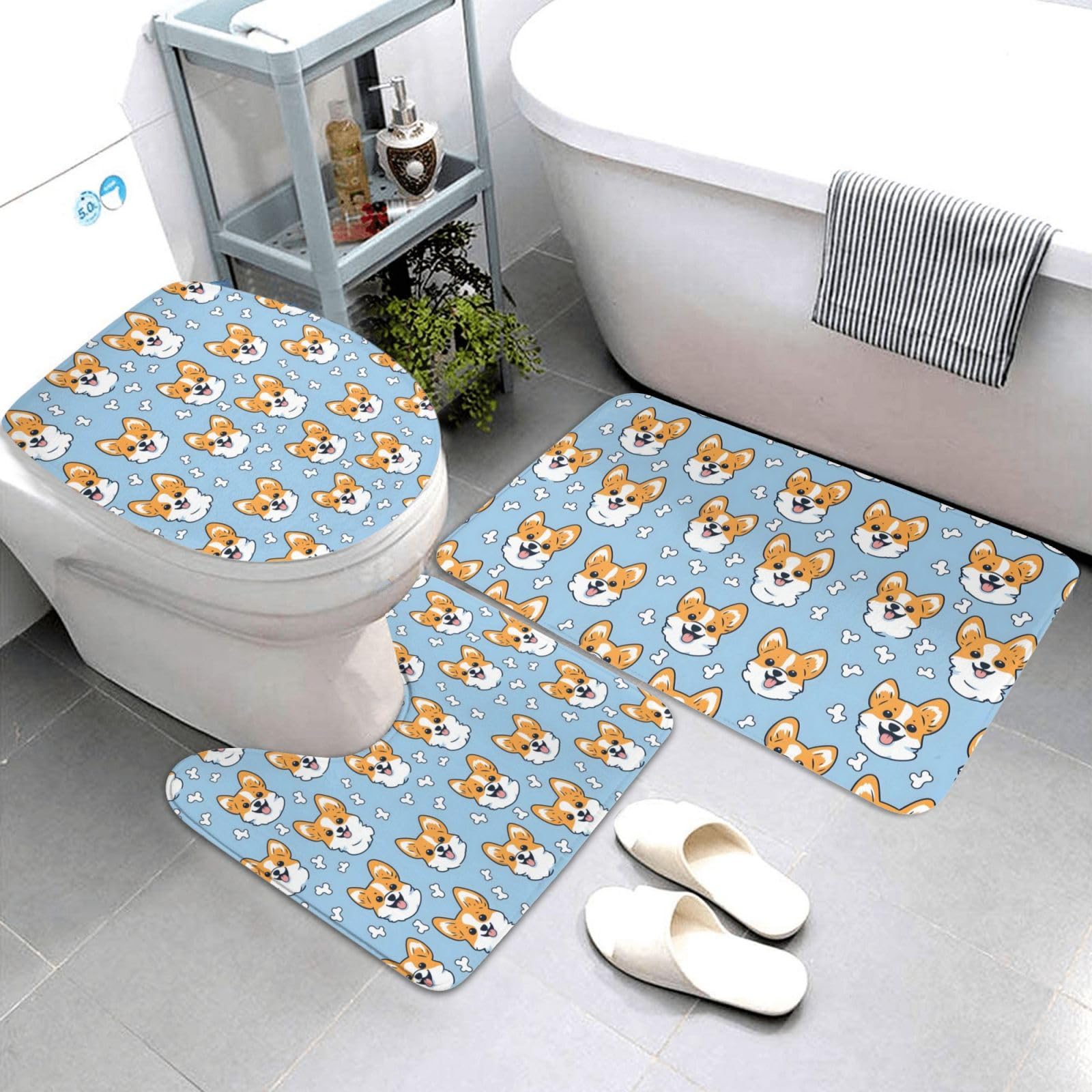 Tapis de salle de bain CorgiPrint lot de 3 pièces avec contour U et housse wc