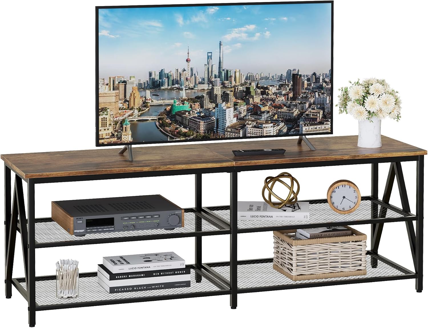 TV Stand for TVs up to 65 Inch, 55" Long Industrial TV Console Table with 3-Tier Storage Shelves, Entertainment Center for Living Room, Bedroom (Brown)
