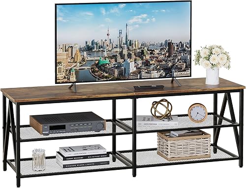 Soporte de TV para televisores de hasta 65 pulgadas, mesa consola de TV industrial de 55 pulgadas de largo con estantes de almacenamiento de 3