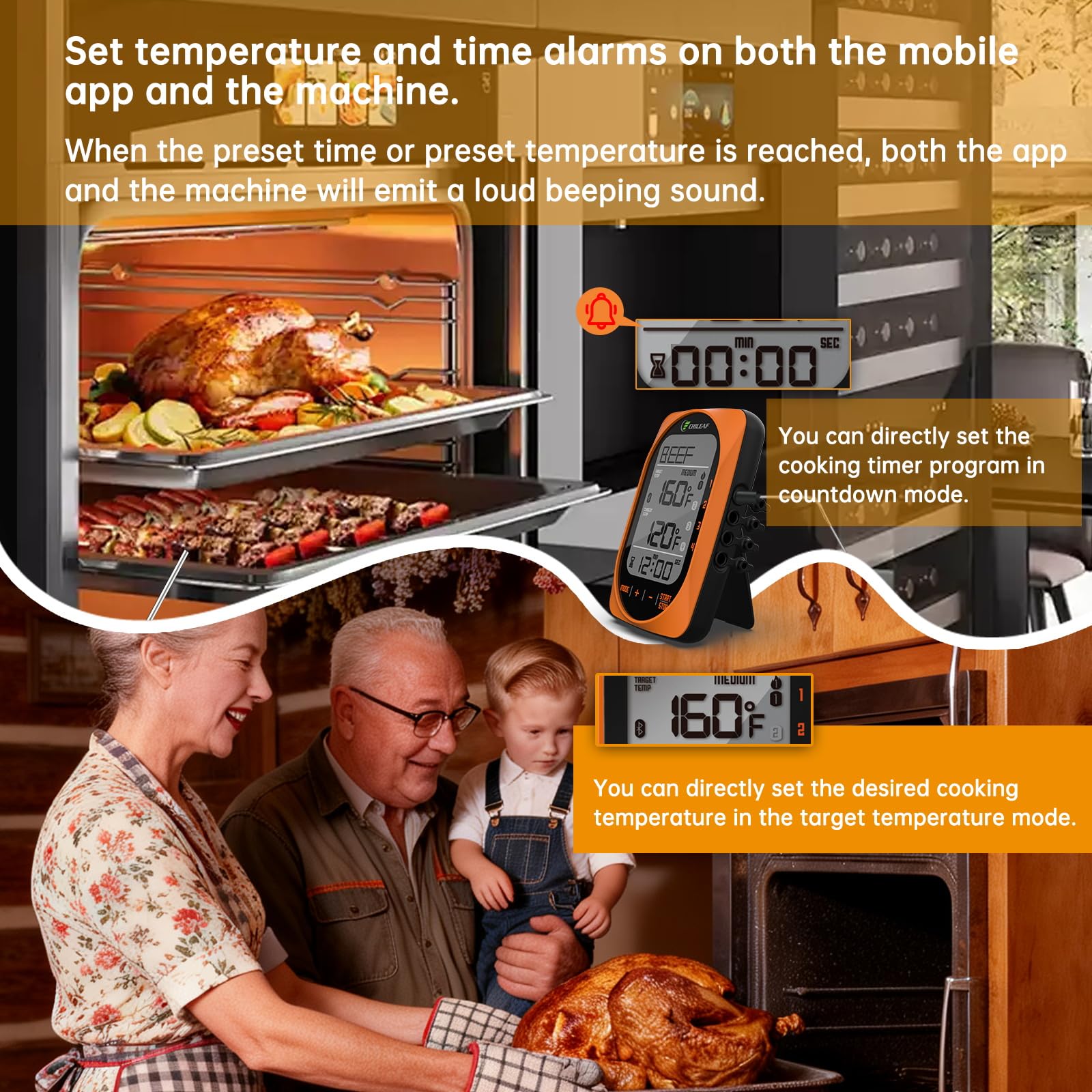 Meat Thermometer Digital Instant Read Food Thermometer Grill Thermometer Smart Bluetooth BBQ Thermometer Oven Thermometer with 4 Probes Time Mode Temper Mode for Grill Candy Meat Oven Food Smoker