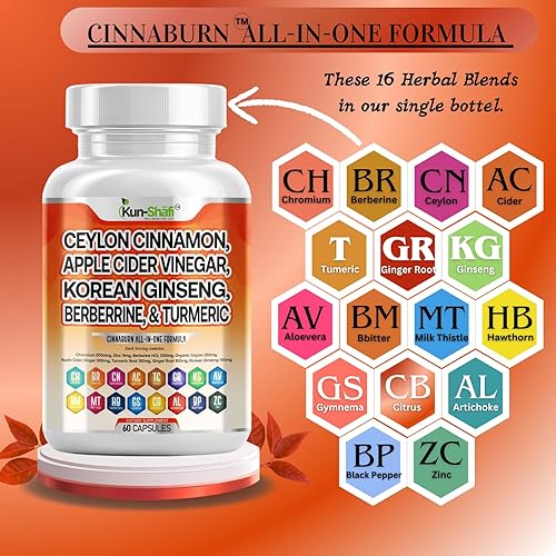 Vista 2 de Kun Shafi Complejo de canela de Ceilán con vinagre de sidra de manzana berberina más melón amargo Gymnema Ginseng cromo y cúrcuma cardo mariano - 60