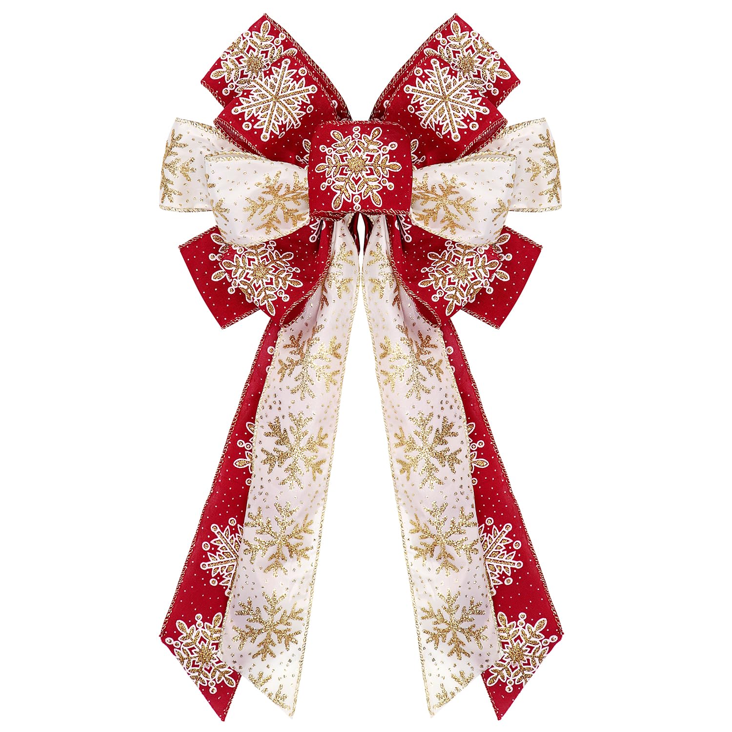 Large Christmas Bows, Tree Topper Bow for Christmas Tree Winter, Snowflake Ribbon Bows for Wreath Front Door Wall Fence Decor (1, Red White)