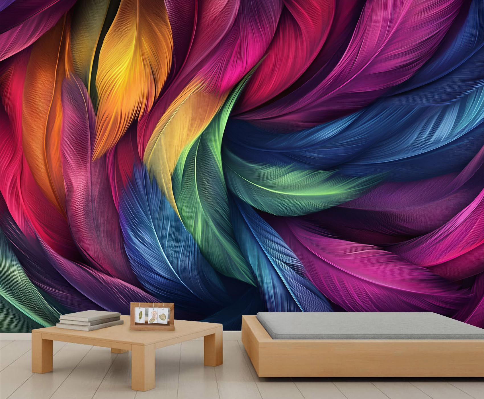 Feather Mural Colorful Feathers Wallpaper Abstract Wall Mural Giant Home Living Room Dining Room Wall Decor Poster (Non-self-Adhesive)