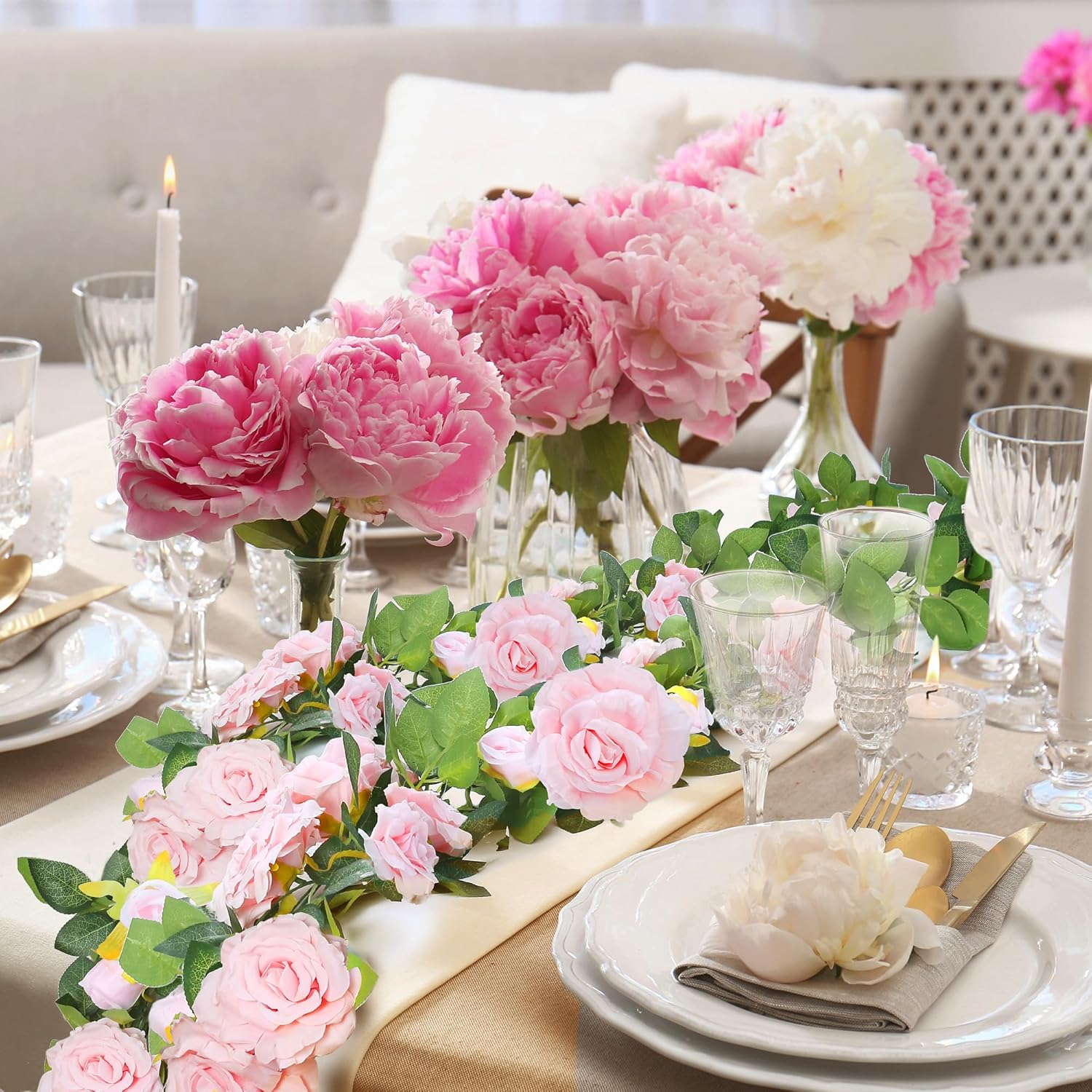 Sggvecsy 2Pcs 15.5Ft Artificial Rose Vine Fake Flower Garland Floral Garland Faux Silk Hanging Vine Rose Ivy Vines for Wedding Arch Party Wall Garden Ceremony Background Outdoor Decor (Pink) - Image 4