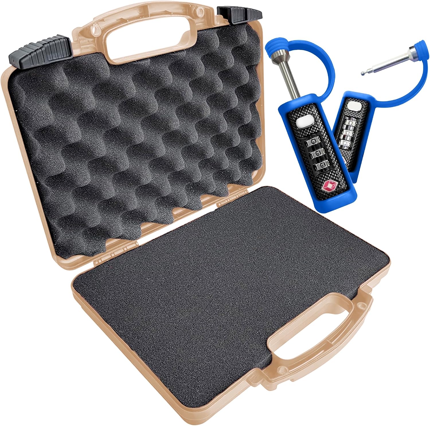 Cedar Mill TSA Approved Blue Gun Case Locks (2-Pack) - Cut-Resistant MonoShaft with Airline Approved Hard Shell Pistol Case - Tan