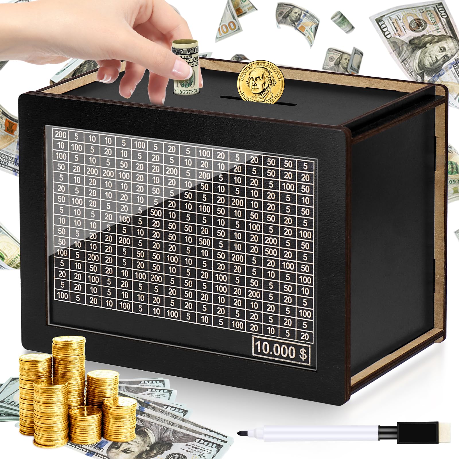 Kkluno 10000 Cash Vault Wooden Savings Box, Plus Size 10000 Savings Challenge Box Wooden Coin Digital Piggy Bank Cash Savings Box with Money Target and Numbers - Black