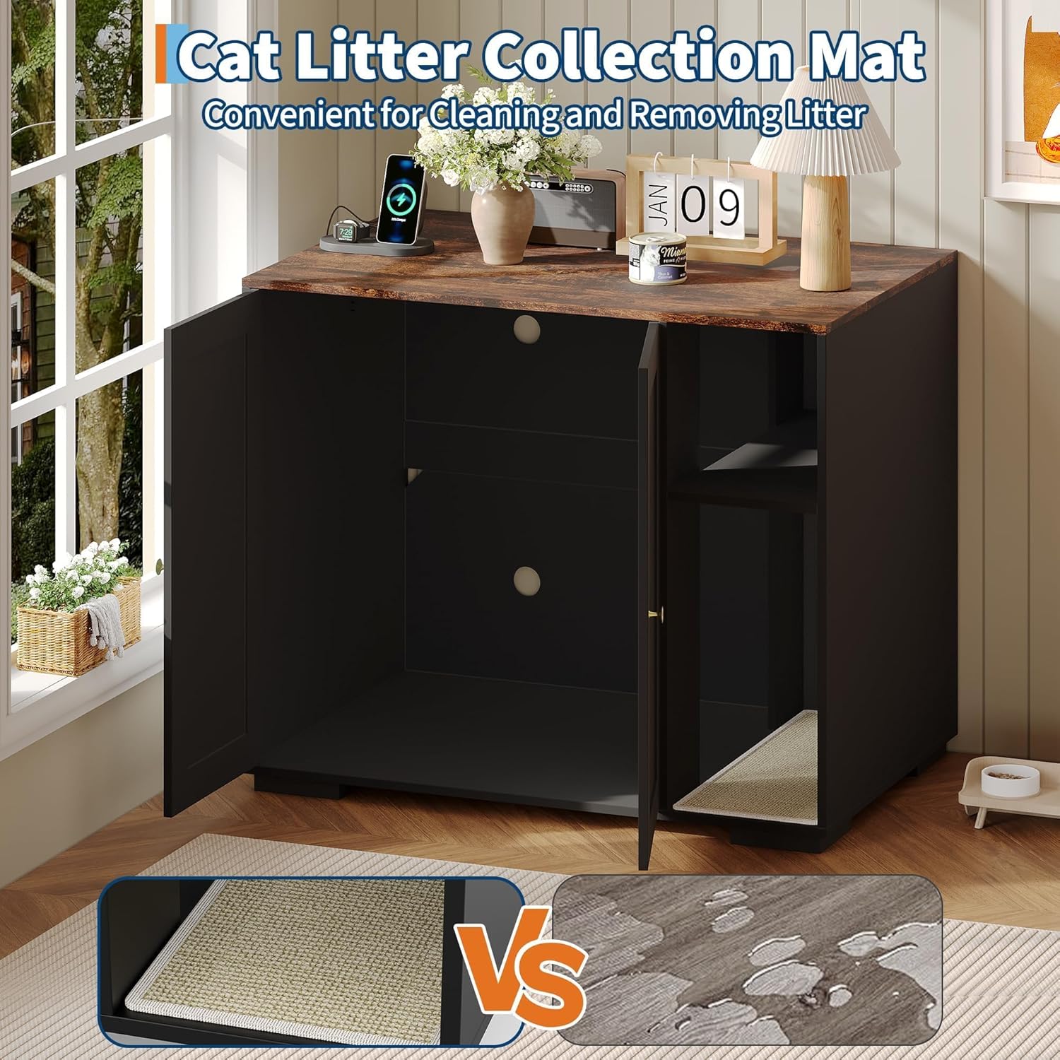 Garvee Large Cat Robot 4 Enclosure Furniture, Cat Litterbox Robot Cabinet with Power Outlet 5 ft Power Cord, Dog Proof Shelf, for Most Self-Cleaning Litter Boxes Black