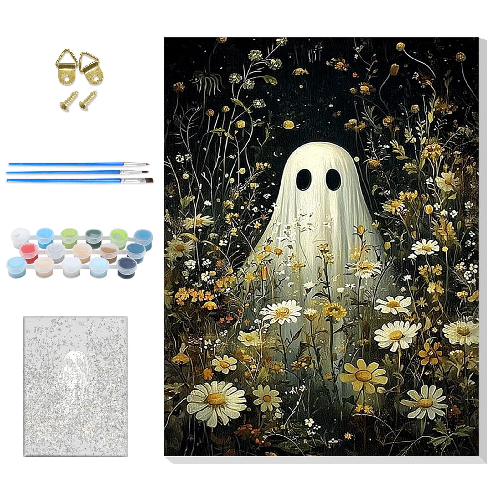 GHHKUD Halloween Ghost Flowers Paint by Number Kits for Adults with Framed Canvas, Easy Adult Paint by Numbers Canvas Kits for Beginner, Oil Acrylic Arts and Crafts for Home Wall Decor 8x12inch