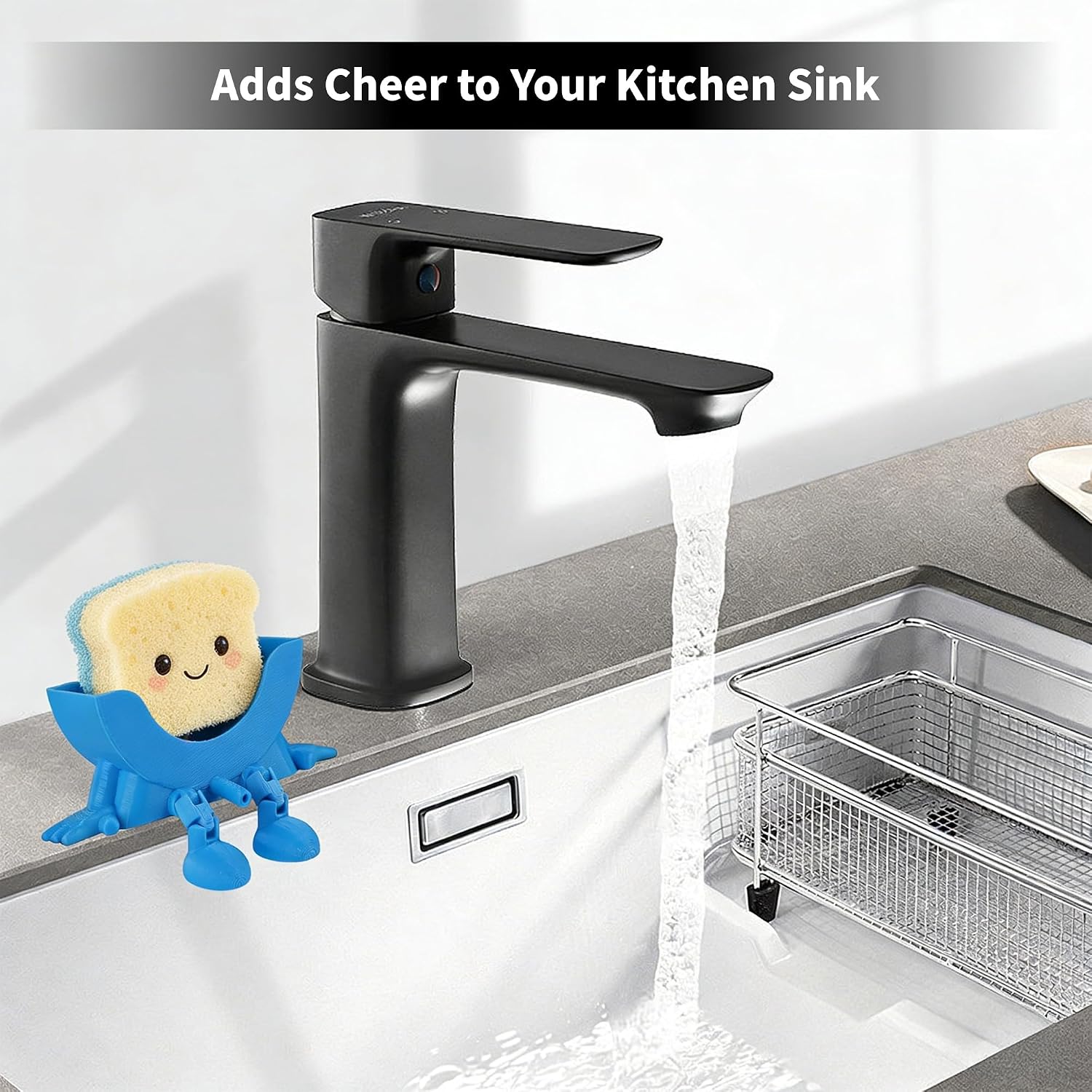 Cute Hanging Sponge Holder, Drainable Kitchen Sink Organizer, Scrub Sponge Stand Storage Rack with Smiley Design, Sink Accessories (Black)