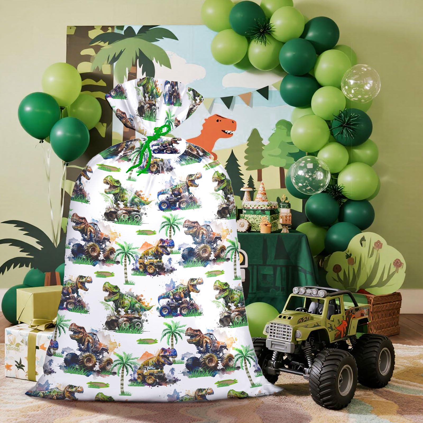 Loveinside Jumbo Large Plastic Gift Bag, Dinosaur with Tropical Monster Truck Design Design Plastic Bag with Tag and Tie for Boys' Birthday Party Gifts and Celebration - 56" x 36", 1 Pcs