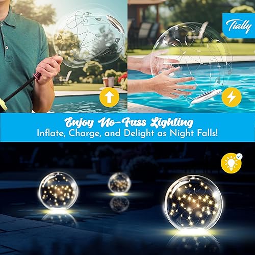 Miniatura 4 de TIALLY Luces flotantes de hadas para piscina alimentadas por energía solar, bolas LED inflables impermeables de 14 pulgadas, luces para piscina,