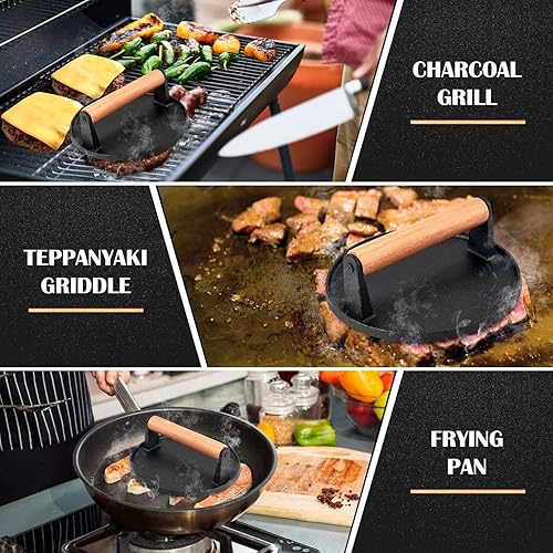 Miniatura 5 de Joyfair Prensa de hamburguesas de 7 pulgadas, herramienta trituradora de hamburguesas de hierro fundido para plancha plana, accesorios para tocino,