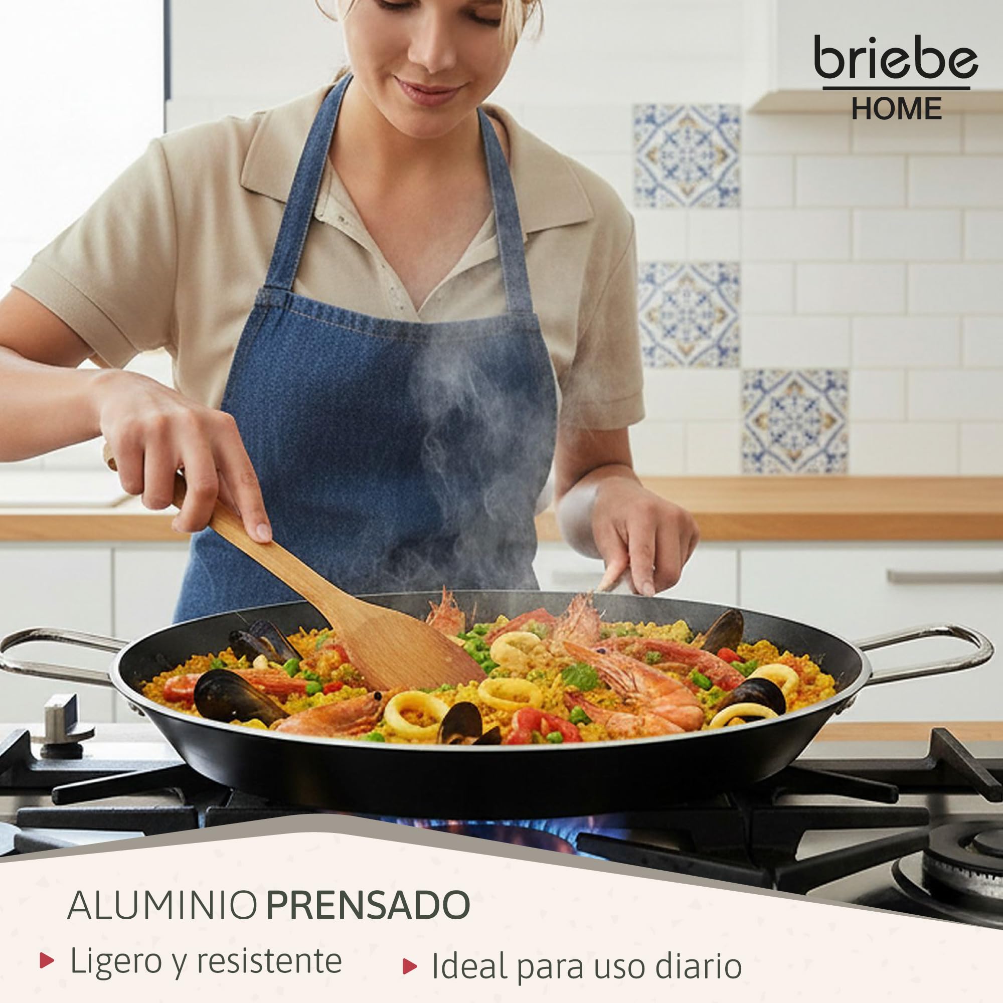 briebe Zafrán Paellera Inducción 38 cm, 7-8 Raciones de Paella, Antiadherente ILAG Ecológico sin PFOA, 3 mm Espesor, Aluminio Prensado, Apta Todas las Cocinas, Vitrocerámica, Gas, Horno