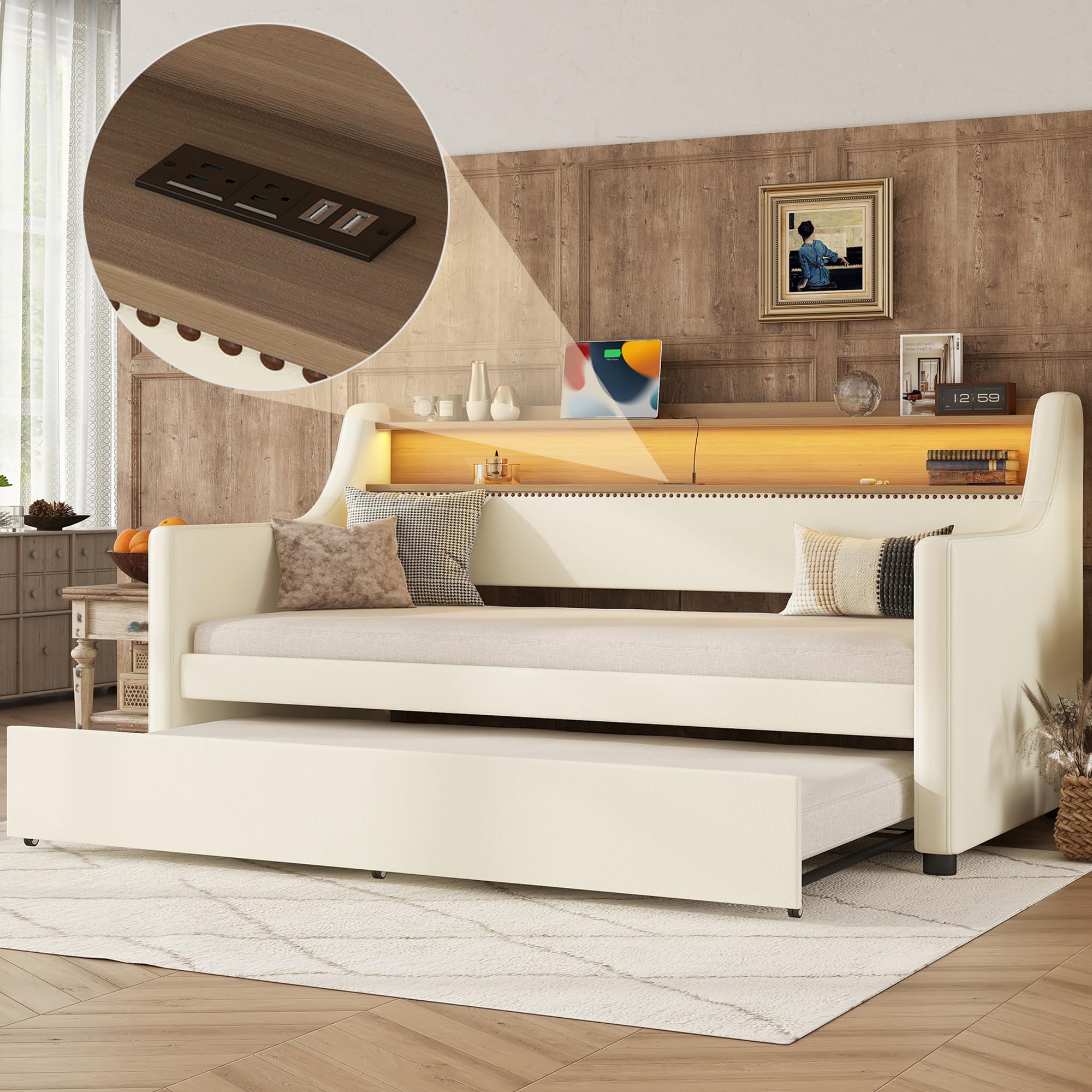 ANDWANG Lumière Bicolor Twin Set ベージュ Amazon.com: Twin Daybed with Trundle Bed Twin and 2-Tier Shelf, PU