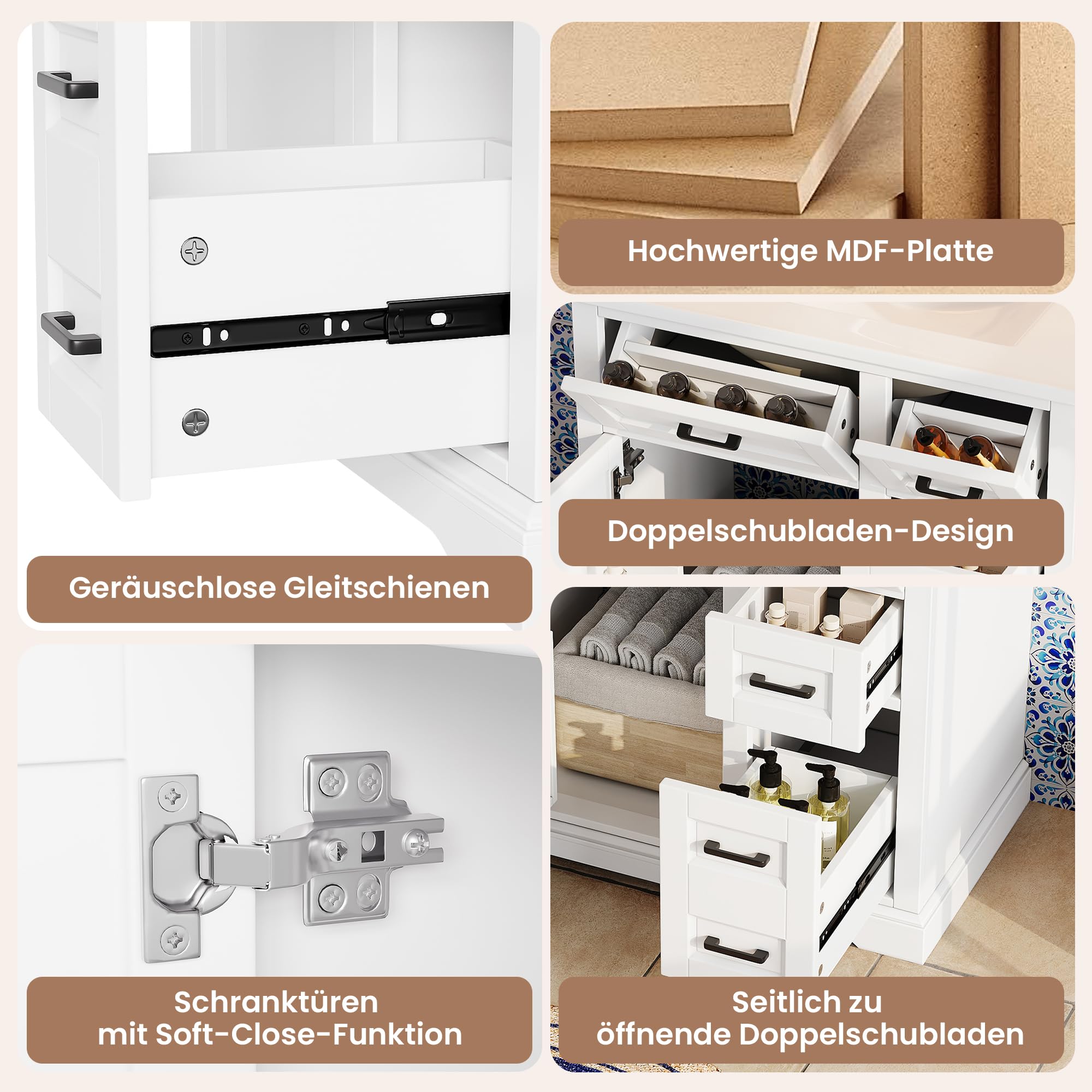 76 x 47 x 82 cm; mobiletto sottolavabo a pavimento; superficie verniciata; ante con funzione soft-close; estrazione laterale a due livelli; lavabo in ceramica integrato; mensola porta; bianco.