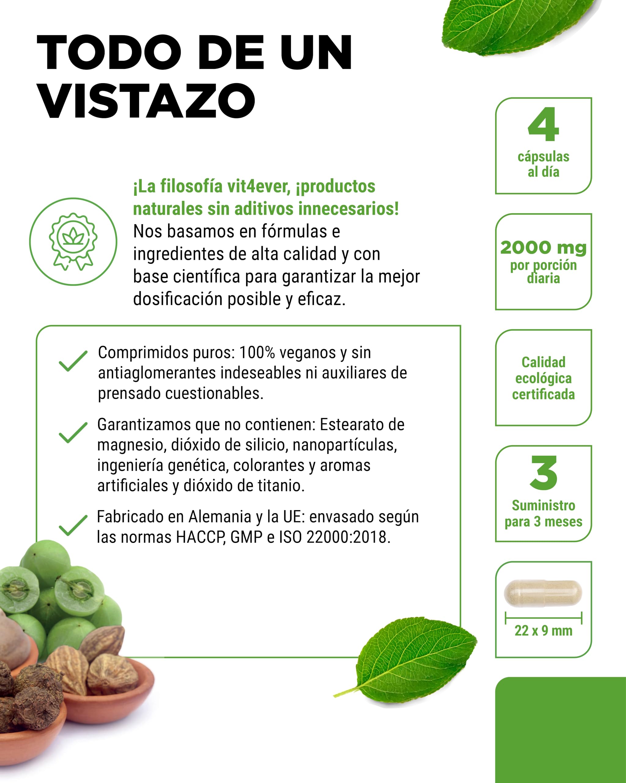 Organic Triphala - Altamente dosificado con 2000 mg (500 mg por cápsula) - 365 cápsulas - Triphala en polvo de la India: Haritaki, Amalaki, Bibhitaki - Sin aditivos - Vegan