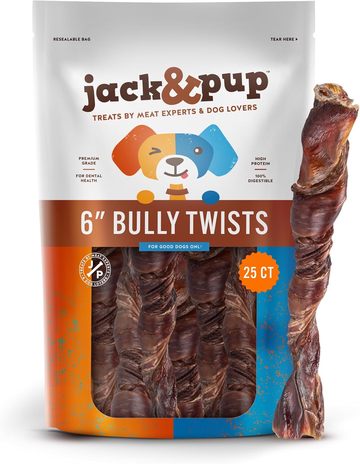 Jack&Pup 6" Bully Twists | Odor Free Bully Sticks for Dogs | Single Ingredient Dog Chew Sticks for Light Chewers | All Dog Breeds (25 Ct)