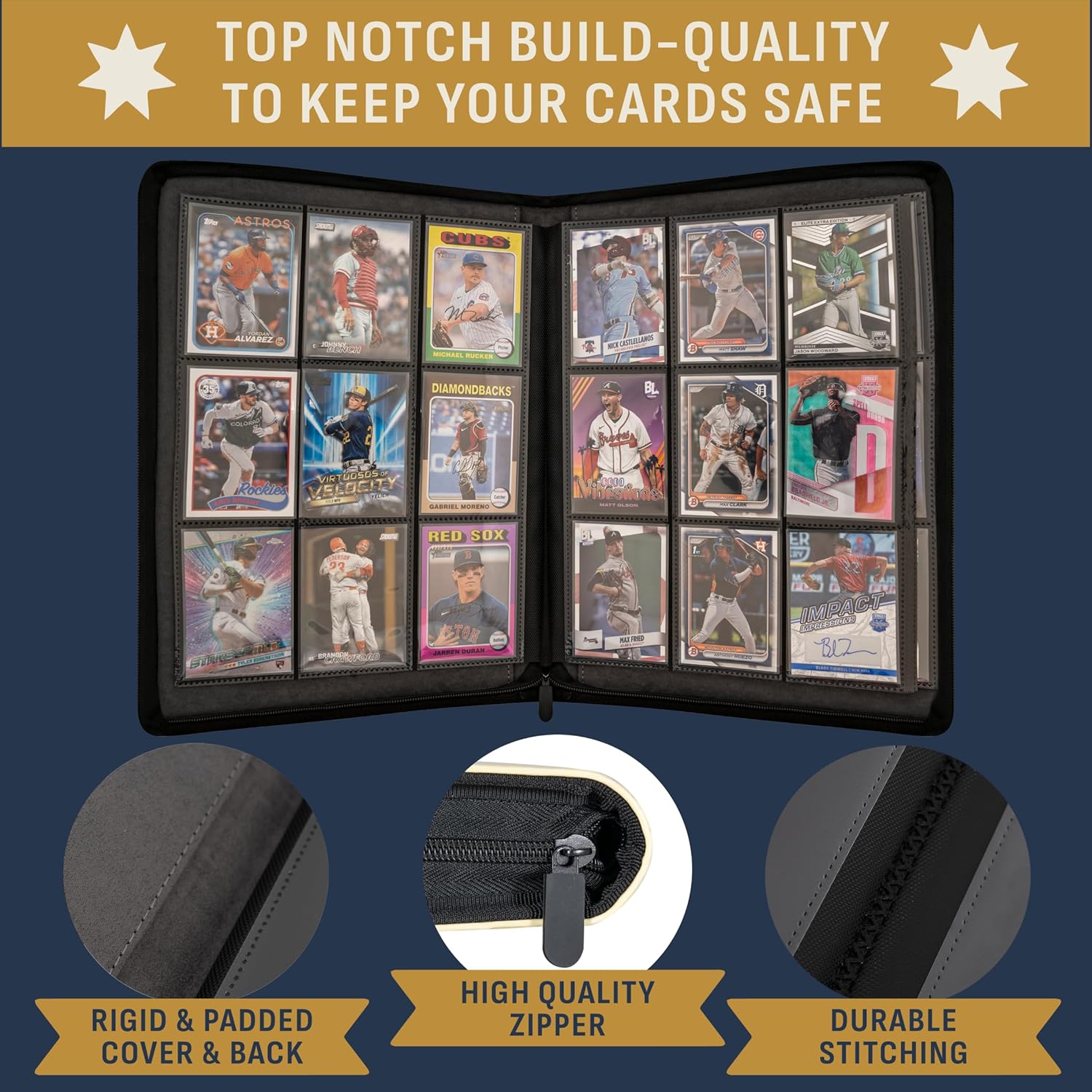 Baseball Card Binder - Stunning 3D Raised & Hand Colorwashed PU Leather Binder - 9 Pocket Album w Zipper - 360 Side Loading Sleeves Book for Baseball Trading Cards - Works with Topps, Bowman, Panini..