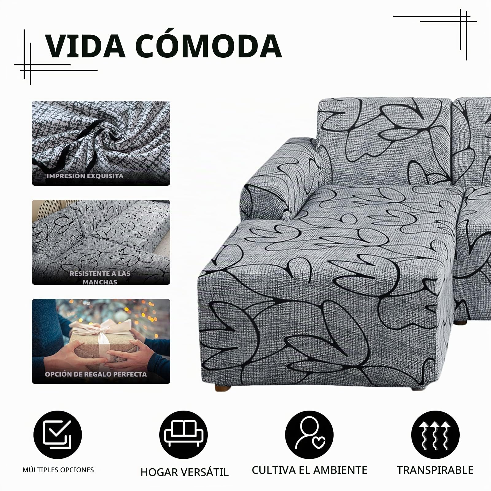 Lydevo Funda para Sofá Chaise Longue 2 Piezas Funda Cubre Sofá de Sofá Rinconera Forma de L Reversible con 2 Fundas de Almohada Elásticas Protector para Sofá Esquinero Derecho Izquierda,Flor Gris