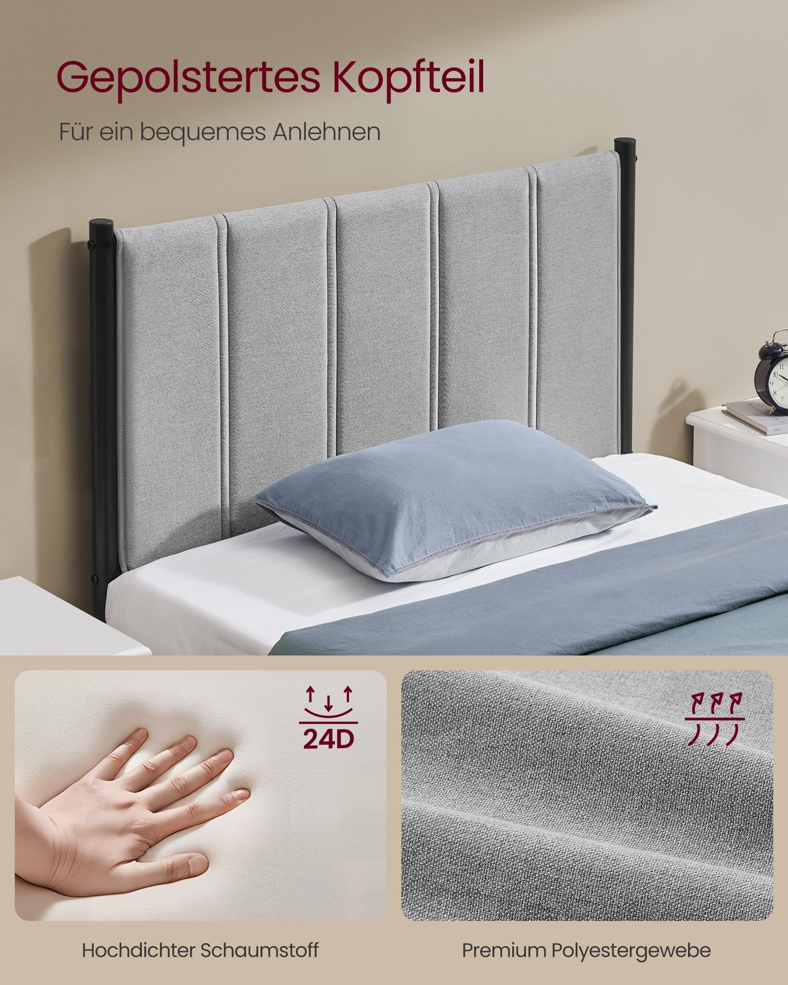 VASAGLE Einzelbettgestell, Bettgestell, 90 x 200 cm, mit gepolstertem Kopfteil, Bettrahmen, Stahl, trägt bis zu 250 kg, einfache Montage, Taubengrau RMB972G01