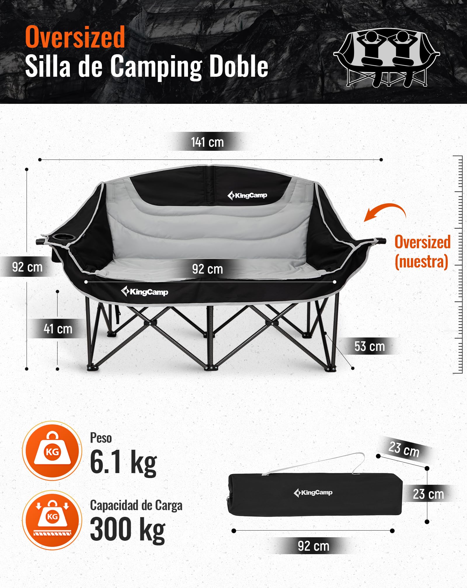 KingCamp Silla de Camping Plegable para 2 Personas, Carga MAX 300 kg, Sofá Portátil de 2 Plazas para Adultos con Reposabrazos, Acolchado Silla Plegable para Camping Jardín Picnic Balcón, Negro/Gris