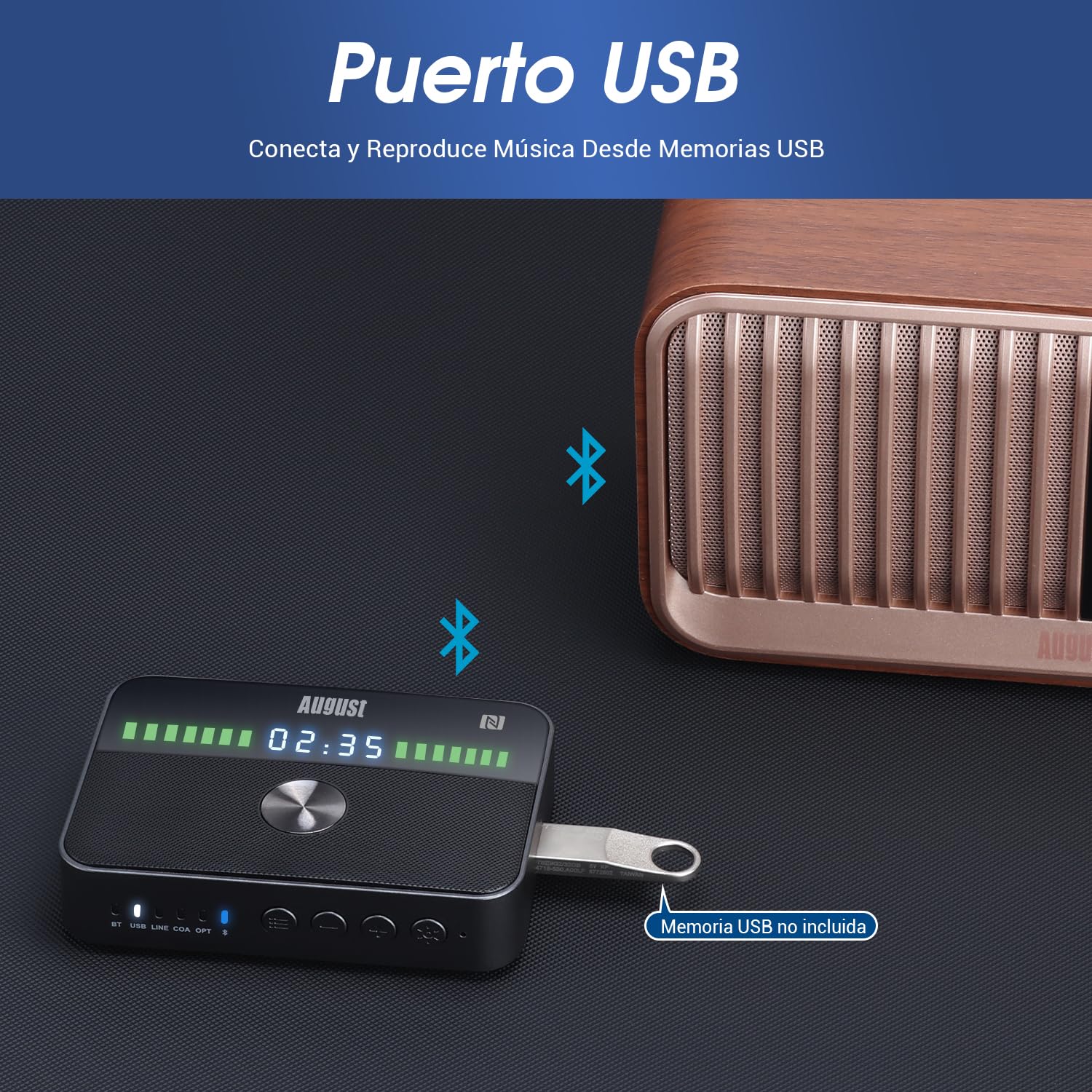 August MR285 Receptor Bluetooth, Transmisor Adaptador Bluetooth para PC TV, Soporte AUX, Jack 3.5, RCA, Óptico, Coaxial, USB y NFC - Modo Bypass, HiFi Audio Dual y Multipunto, 12 Horas