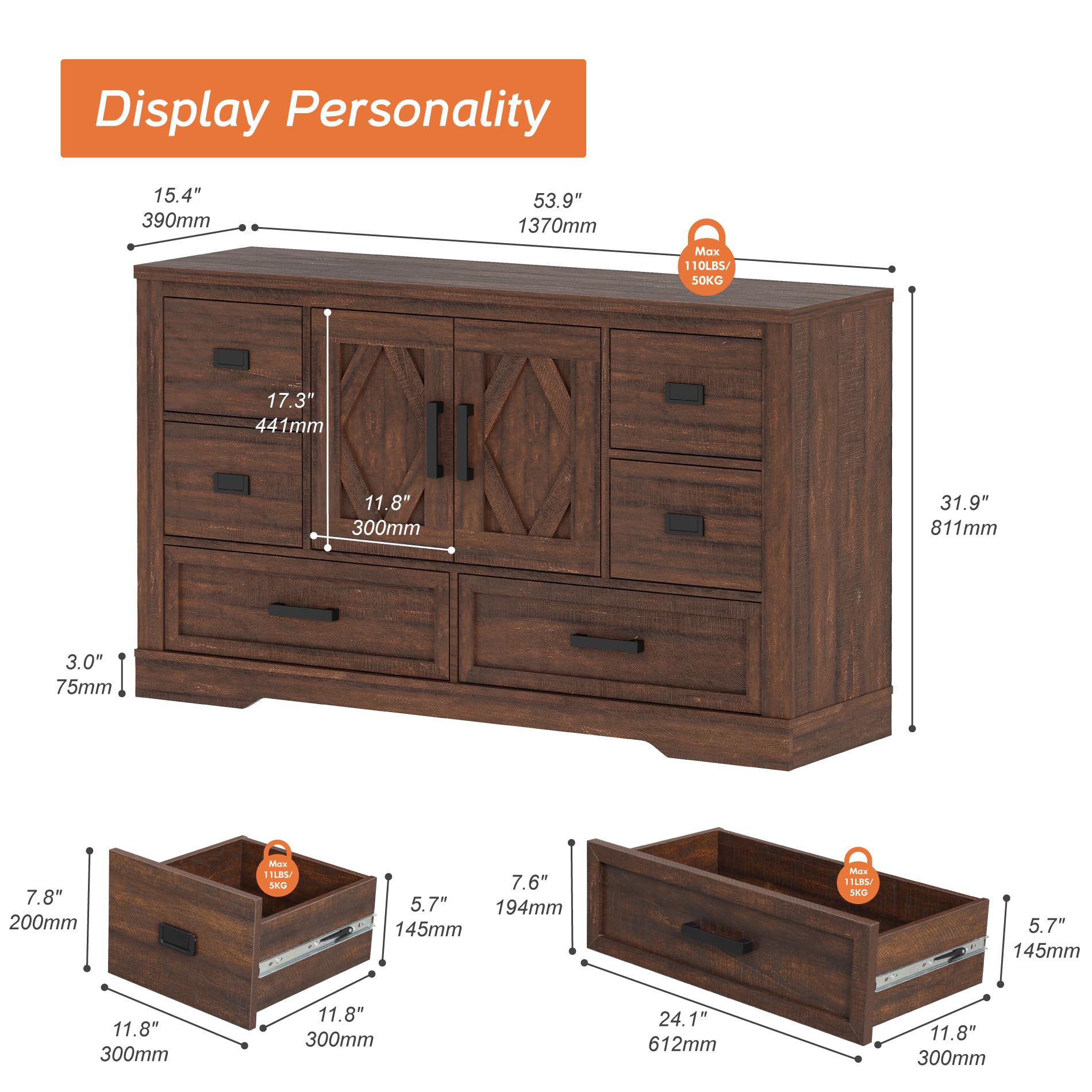 Amazon.com : WAMPAT Modern Farmhouse Baby Dresser with Changing Table Top  and Barn Door Cabinet, Wood Nursery Dresser for Kids' Bedroom,Nursery Room, Dark Walnut Brown : Baby
