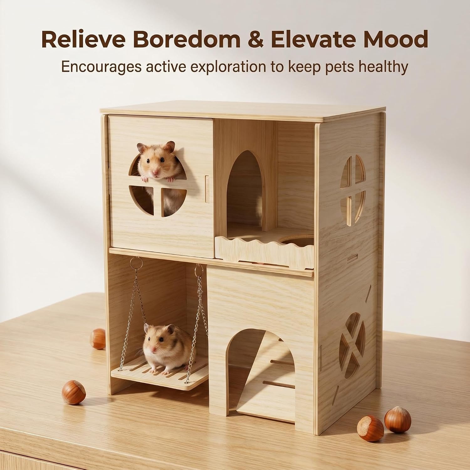 Wooden Hamster Hideout & Cage Accessories - Multi-Chamber Habitat with Swing, Ladder, House and Playground for Climbing - Enrichment Toys for Dwarf Hamster, Gerbil, Mouse, and Small Rodents