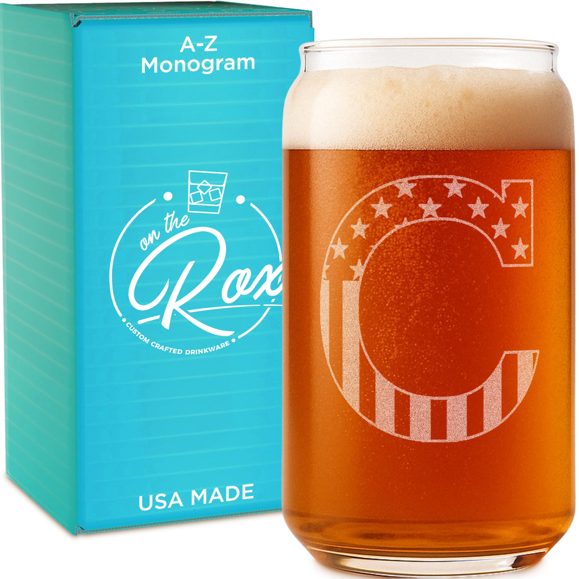 On The Rox Monogram Beer Glasses for Men (A-Z) 16 oz - Personalized Engraved Beer Gifts for Him - Groomsmen Gifts Brother in Law Dad Son Coworker - Unique USA Made Dishwasher Safe Pint Glass (C)