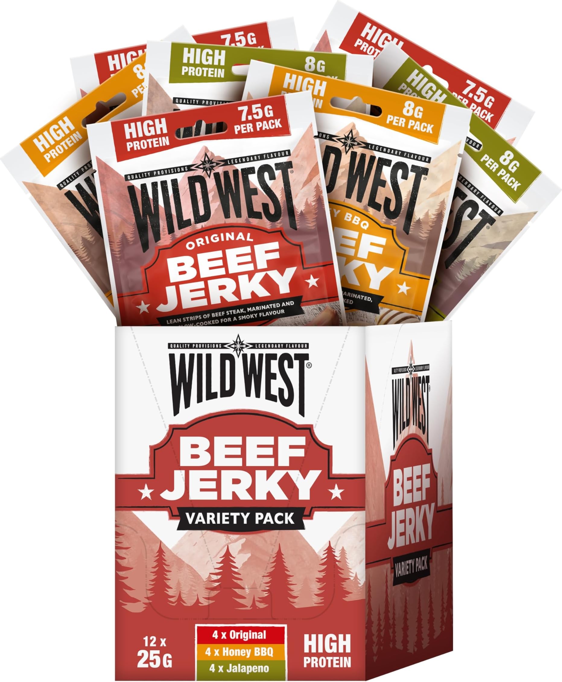 Wild West Beef Jerky Variety Pack 12 × 25g – 4 × Original, 4 × Honey BBQ, 4 × Jalapeño – High Protein Gluten Free Snack – No Added MSG – Ideal for Gym, Travel, Hiking & Everyday Energy
