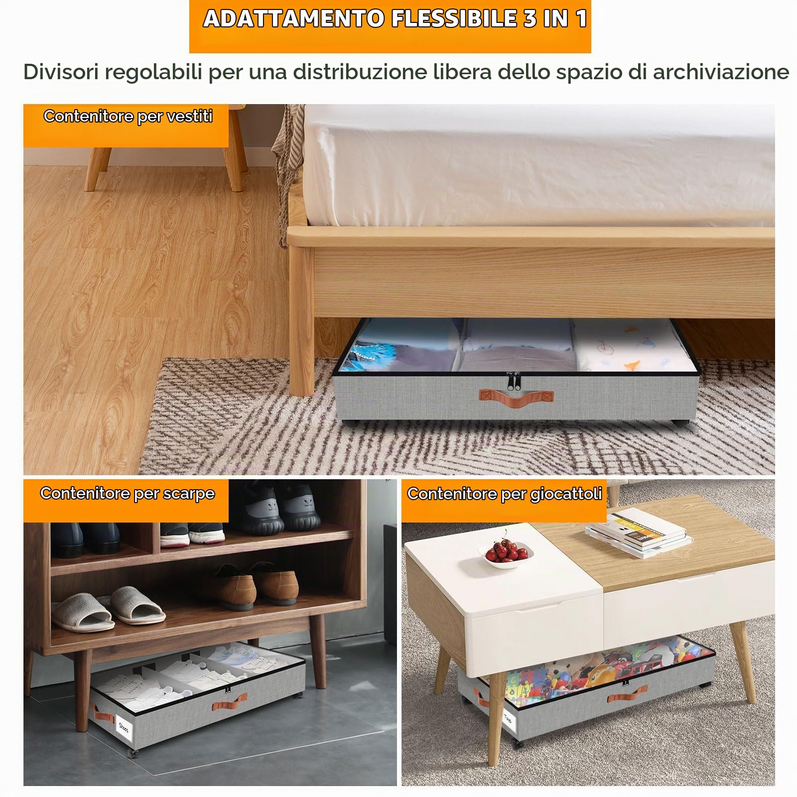2 Pezzi Contenitori Sottoletto con Ruote, Scatole Sotto Letto Contenitore con Finestra Trasparente, Scatole Per Vestiti Partizione Regolabile, Porta Borse da Armadio per Vestiti Scarpe, Grigio