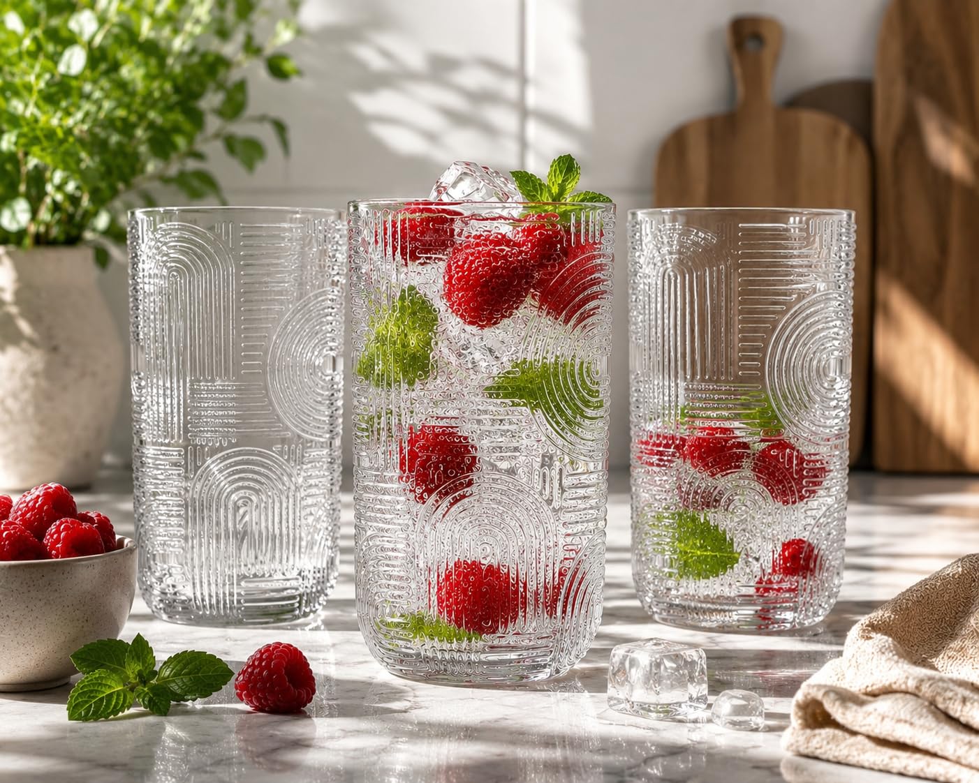 Amazon.com | Highball Glasses Set of 8, 17 Ounce Embossed Urban