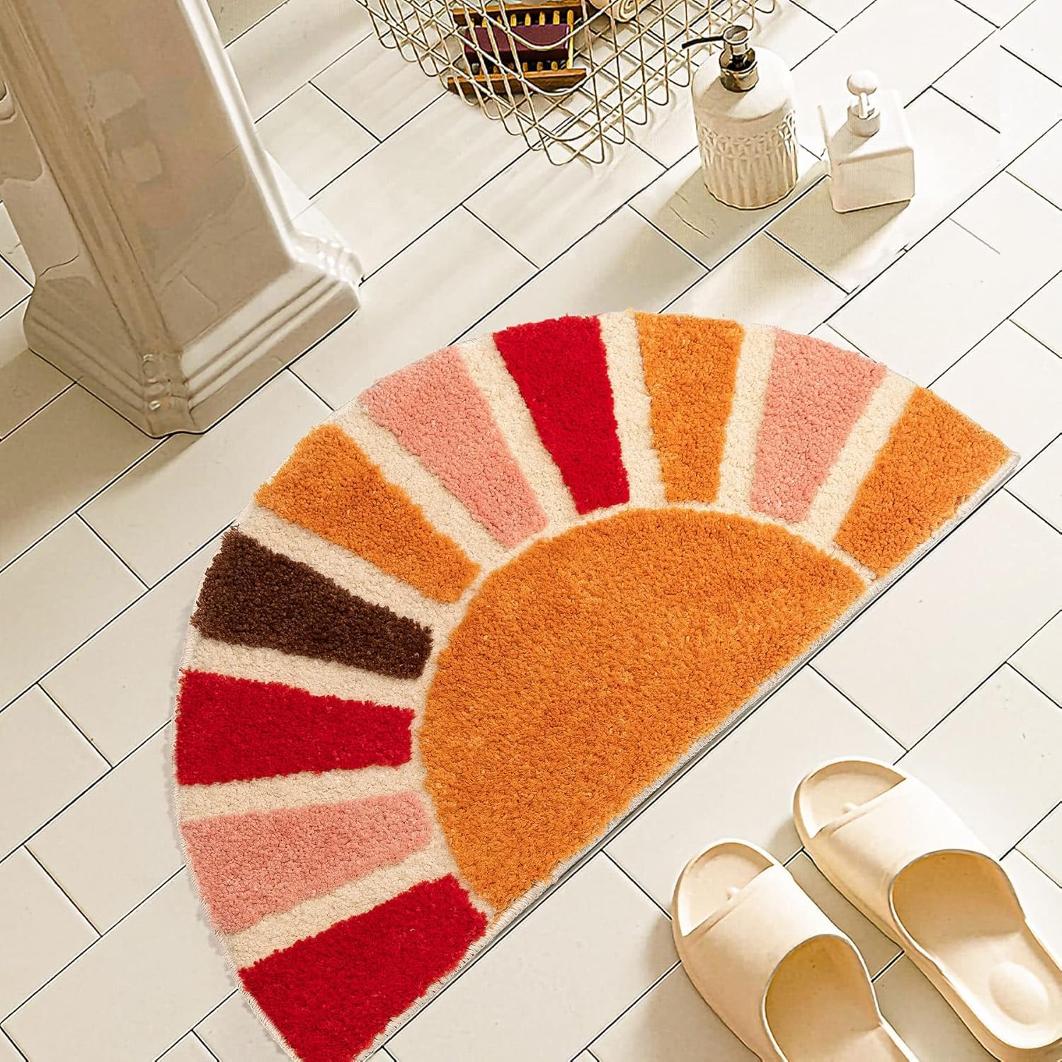 Boho Bathroom Rugs Half Circle Bath Mat Cute Bohemian Small Carpet Home Decor Non Slip Semi Round Shower Rug Funny Washable Indoor Floor Door Mat Sun