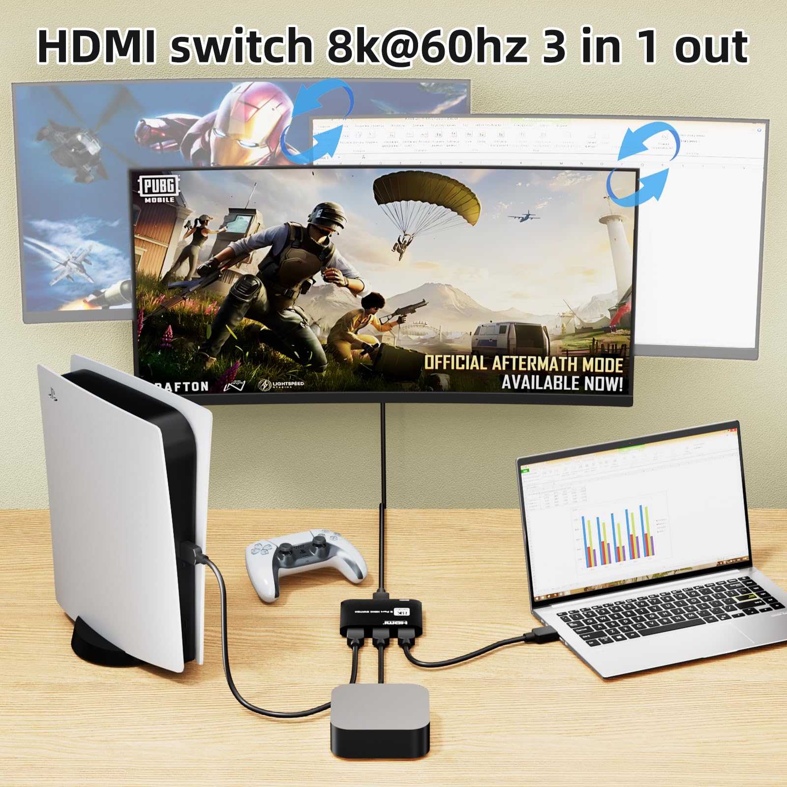 HDMI 2.1 Switch 3 in 1 Out 8k60Hz, 3 Port HDMI Switcher 4K @ 144Hz, 48Gbps, VRR, Dynamic HDR, HDCP 2.3, für PS5/Xbox Series X/Apple TV 8K/Roku Ultra/Fire Stick 8K Max