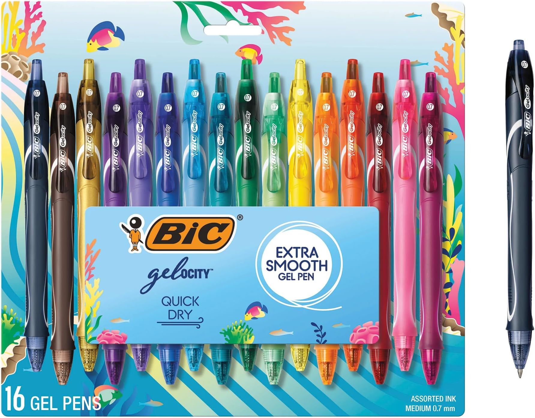 BIC Gelocity Quick Dry Ocean Themed Gel Pens, Medium Point (0.7mm), 16-Count Gel Pen Set, Colored Gel Pens for Note Taking and Journaling