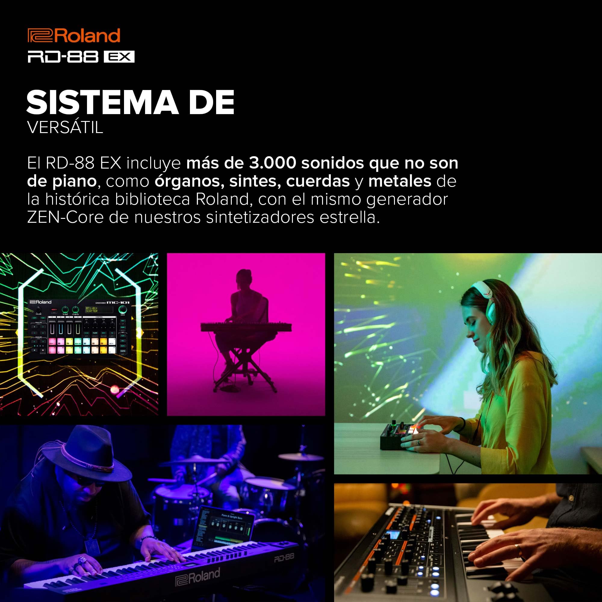 Piano de escenario Roland RD-88 EX | Teclado de 88 notas con sonidos ampliados y una resistencia espectacular | Tecnología SuperNATURAL | Generador ZEN-Core con más de 3.000 sonidos integrados