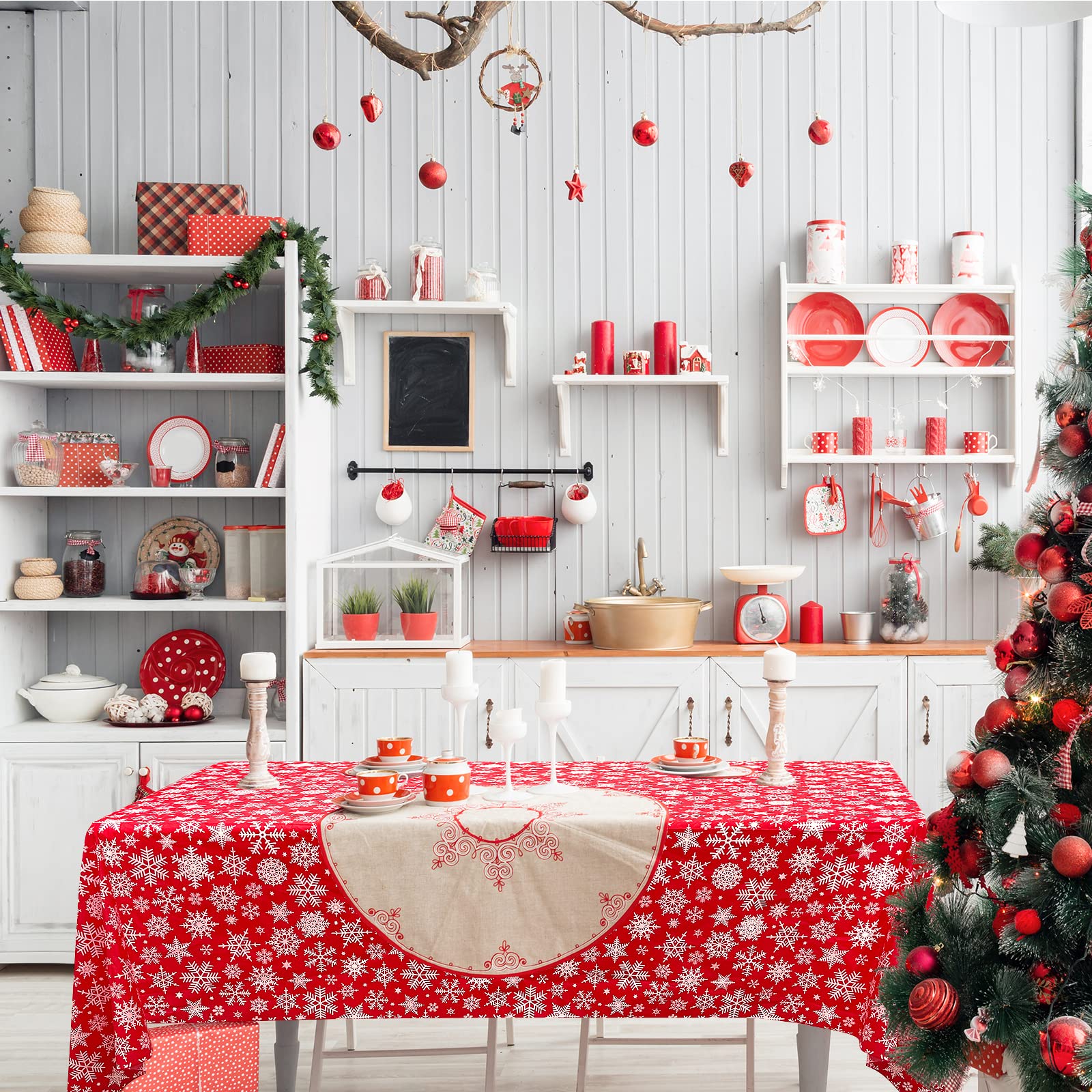 Kersttafelkleed – Feestelijk Kersttafelkleed met Kerstman, Sneeuwvlokken & Vakantieprints, Waterdicht Afveegbaar Tafelkleed voor Eetkamer, Keuken, Feesten, Rechthoekig & Rond (Antiek Wit, 150*300