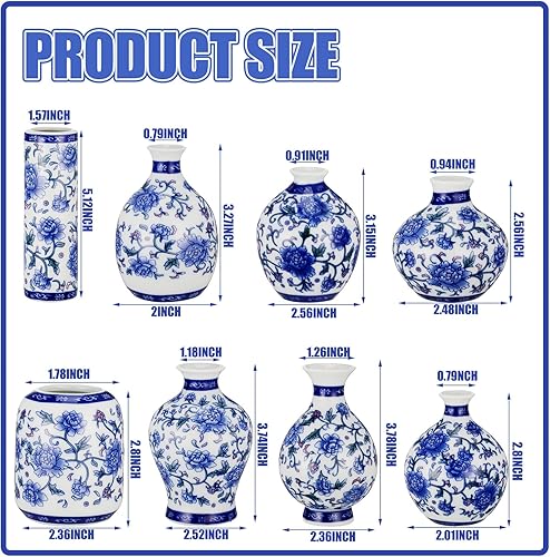 Miniatura 2 de Dandat Juego de 8 jarrones de porcelana china de cerámica azul y blanco floral chino para estantes, centros de mesa, centros de mesa, decoración del