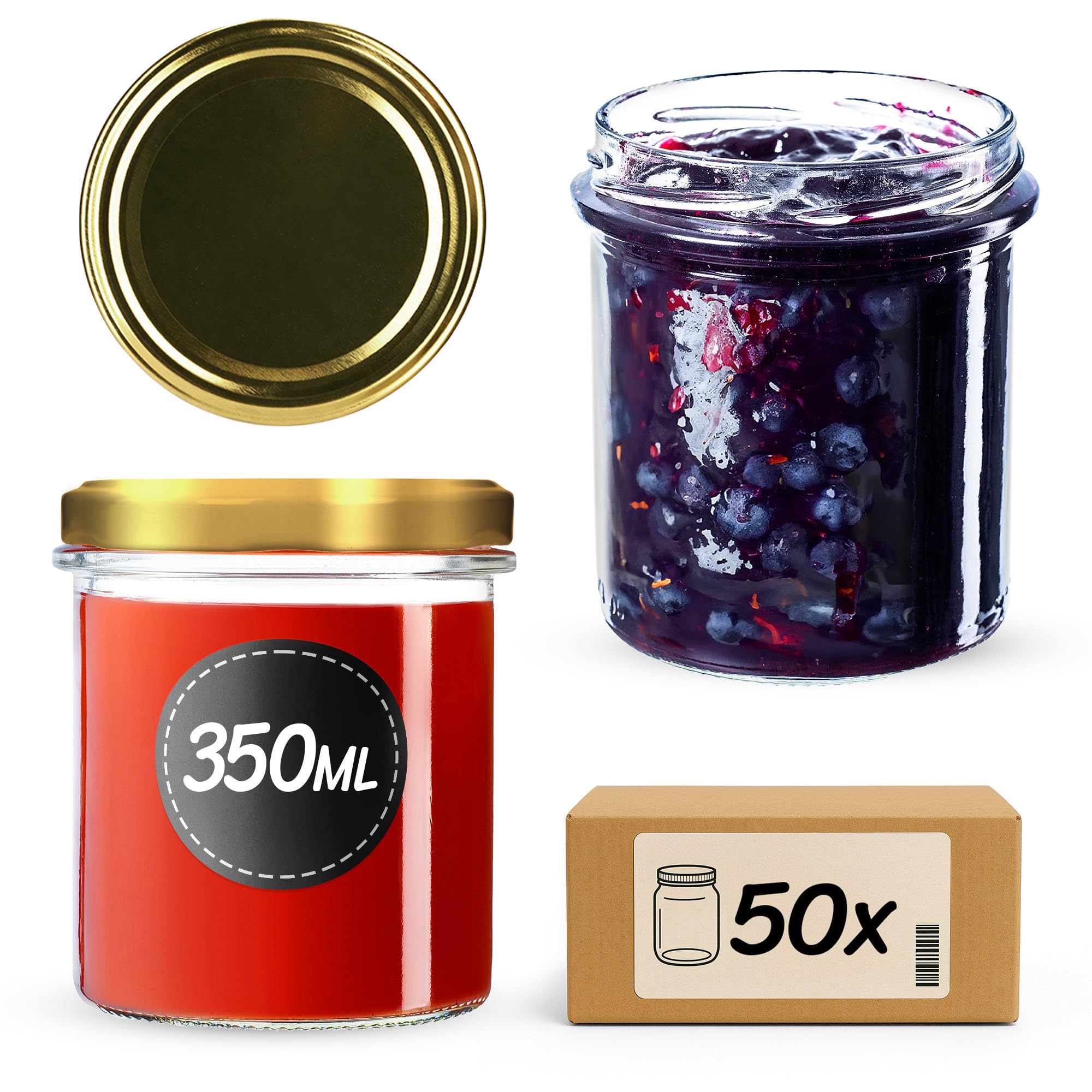 KADAX 50er Set Marmeladengläser 350ml TO82, Einmachgläser Vorratsgläser Mason Jar mit Schraubdeckel, Luftdichte Schraubgläser, Honig & Konfitüre