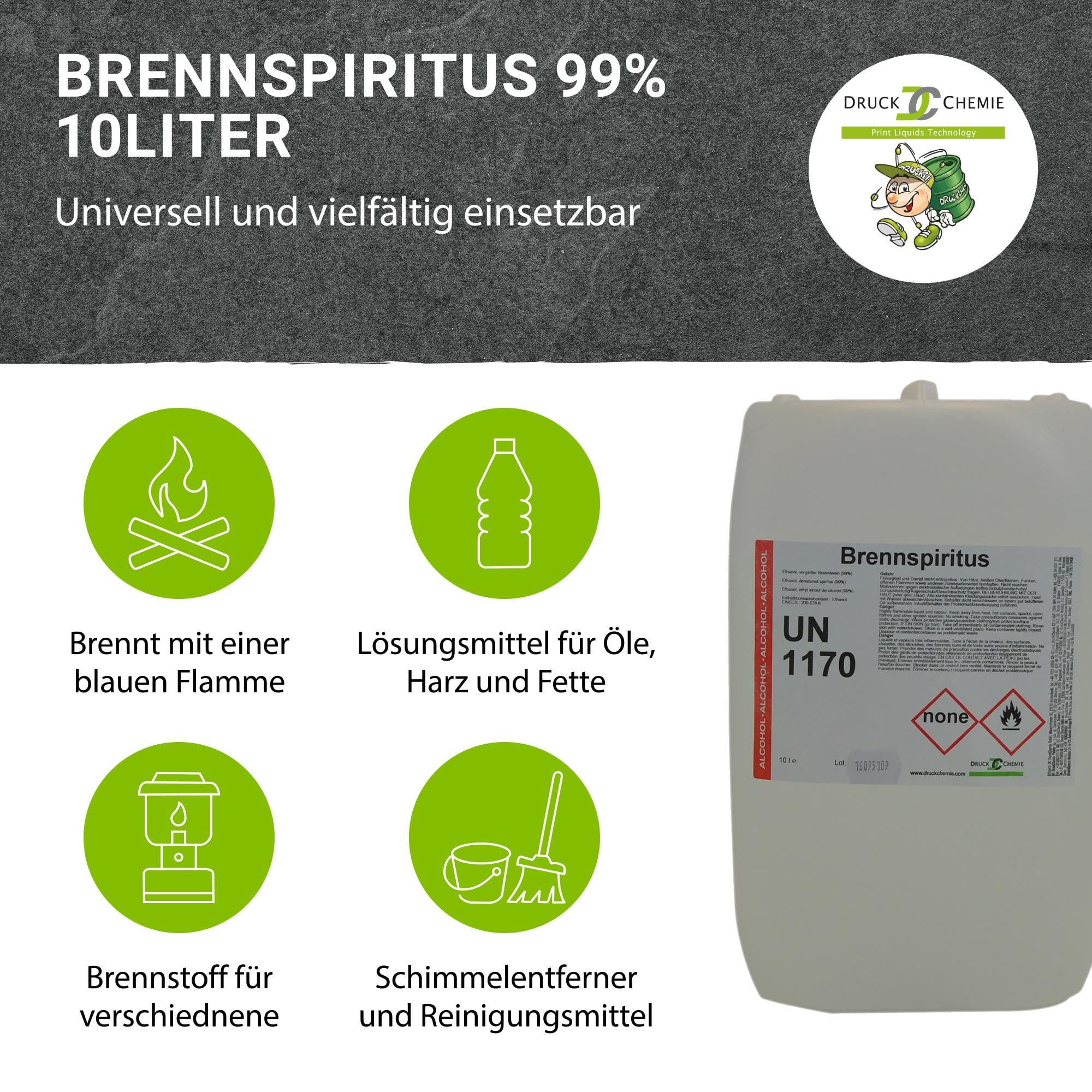 DC DruckChemie GmbH Brennspiritus 10L, 99% - Alleskönner für Haushalt, Freizeit & Handwerk - Reinigungs Spiritus, Kaminbrennstoff