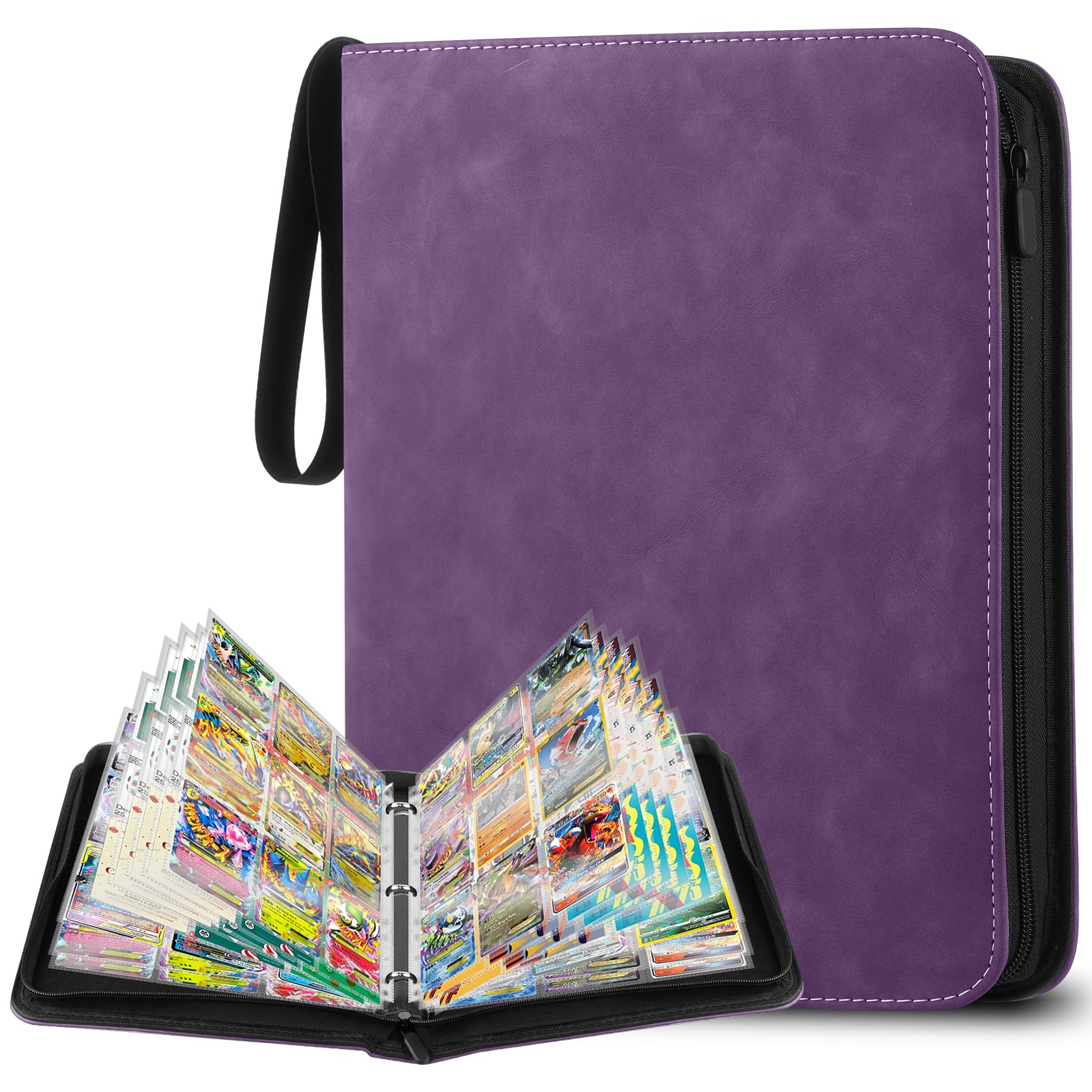 Sammelkarten Album, Transparent Sammelalbum Karten, 900 Pockets Trading Cards Mappe, Karten Ordner, Sammelkartenalben mit Reißverschluss, Violett