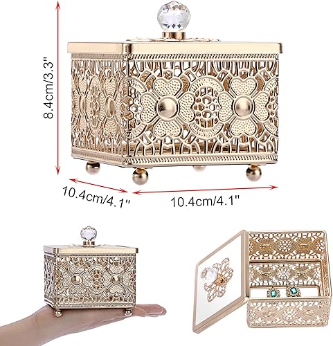 Miniatura 7 de Hipiwe Caja de Joyería de Metal Tallada con Tapa de Vidrio, Organizador Cuadrado de Baratijas con Espejo Dorado, Cofre del Tesoro para Anillos,