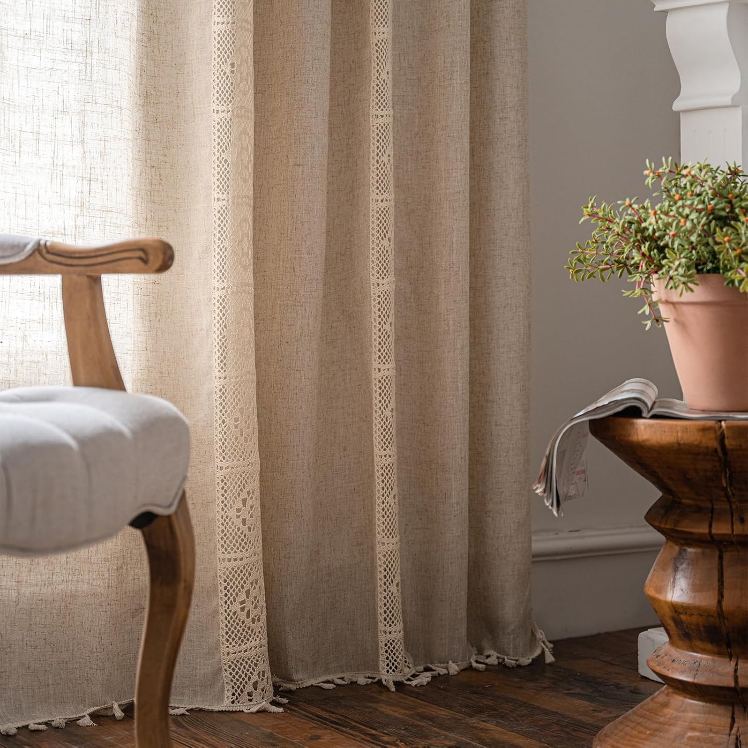 ROOMLIFE Beige Crochet Lace Patchwork Aesthetics Curtains for Bedroom 63 Inches Long 2 Panels Rod Pocket, Light Filtering Privacy French Country for Living Room Drapes Window Treatments with Tassels