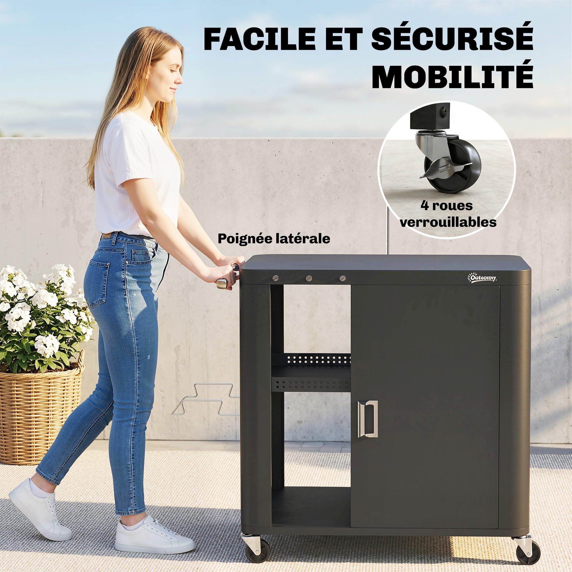 Outsunny Desserte jardin chariot de barbecue sur roulettes îlot de cuisine avec table latérale pliable placard étagères ouvertes porte-papier support sacs poubelle trois crochets 166 x 54 x 88 cm noir