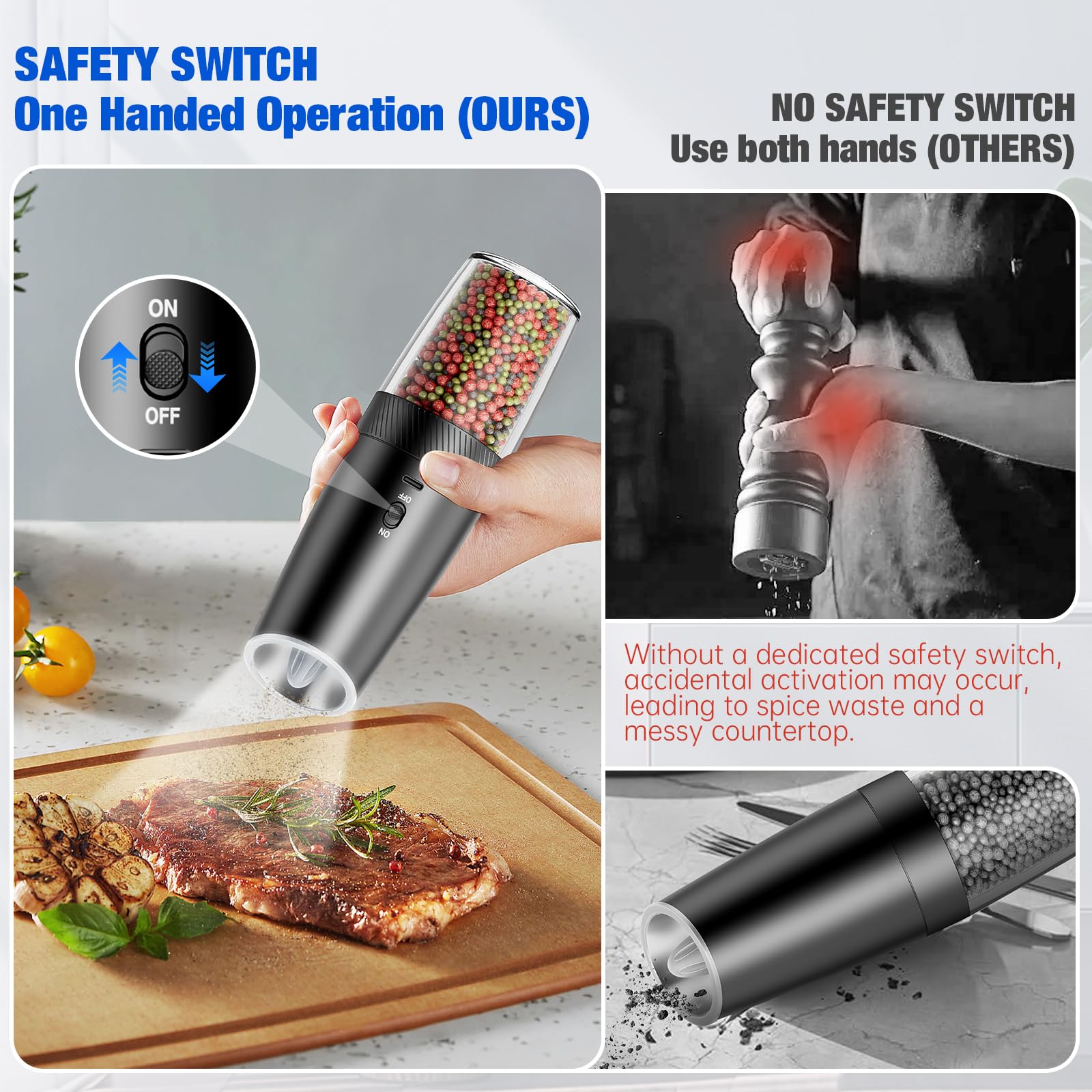 BLIVORRA Electric Salt & Pepper Grinder Set - Rechargeable, Adjustable Coarseness, LED Light, Type-C USB - View #2