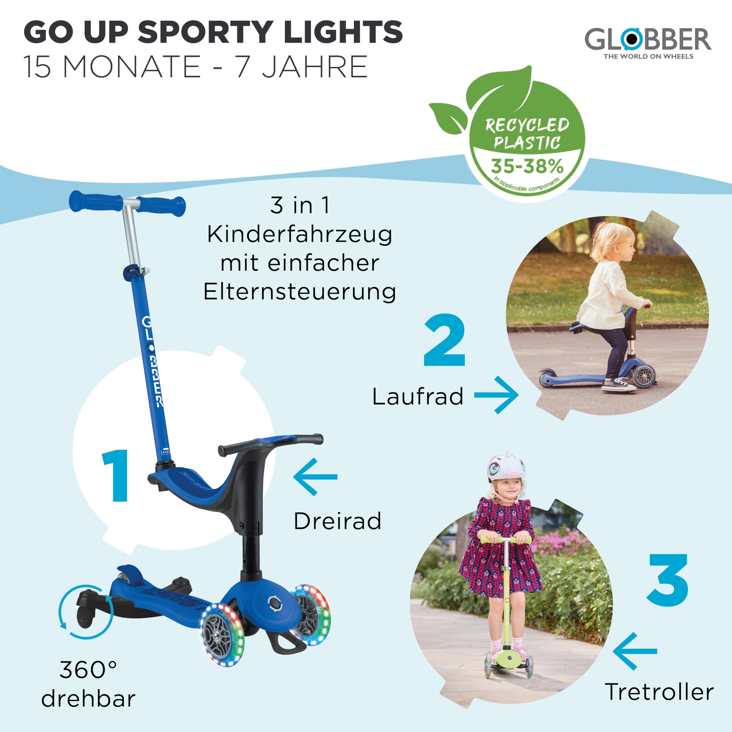 GLOBBER GO-UP Sporty Lights 360, 3-in-1 Kinderfahrzeug, 15+ Monate, Höhenverstellbare Lenkstange, LED-Leuchtrollen, 20kg/50kg, 3-Räder, Aluminium-Rahmen
