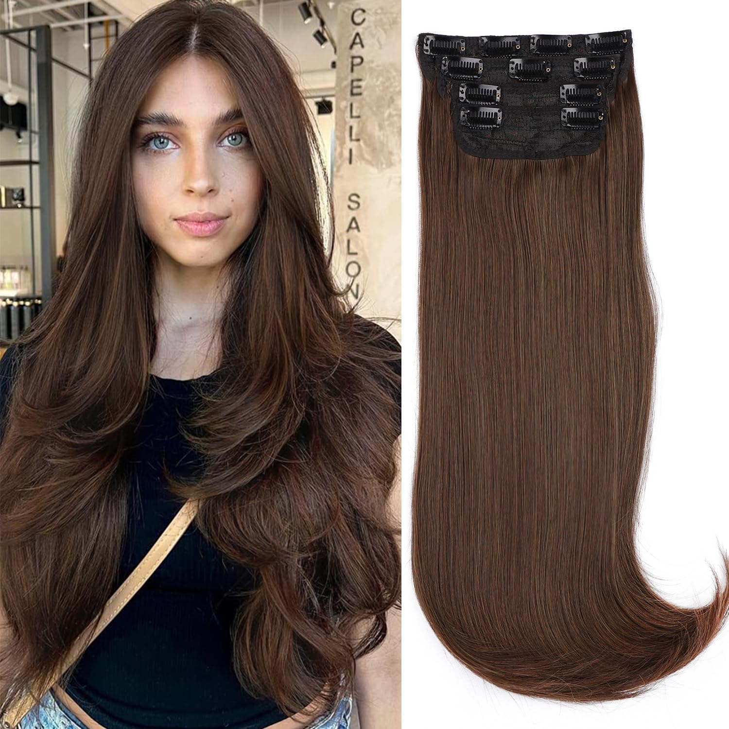 Mscat Clip in Hair Extensions - 4pcs Synthetic Thick Long Straight Layered Hair Extensions - Invisible Lace Weft for Women